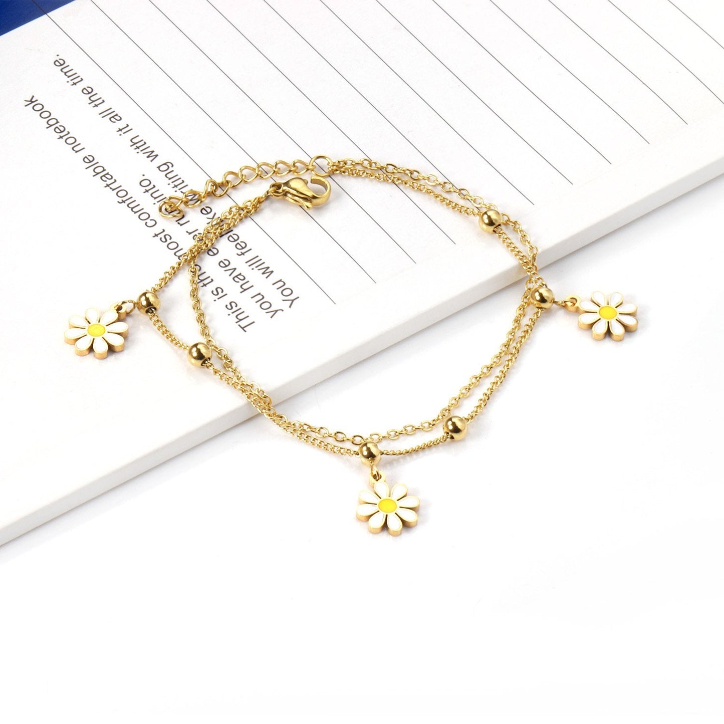 ASON Little Flower Pendant Bracelet Stainless Steel Double Chain Bangle with Steel Ball for Women Fashion Jewelry Gift
