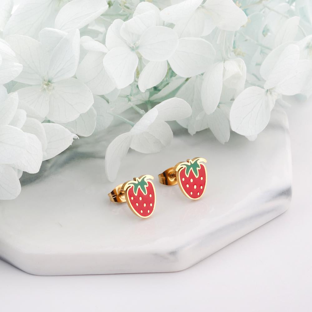 Enamel Girls Kids Small Earrings Stainless Steel Gold Color Push Back Strawberry Stud Earring Fashion Jewelry Party Baby Accessorie