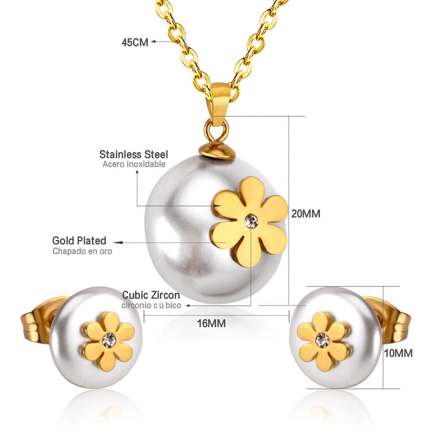 ASON Imitation Pearl Gold Bridal Wedding Jewelry Set for Women 316L Stainless Steel Necklace Pendant Small Stud Earring