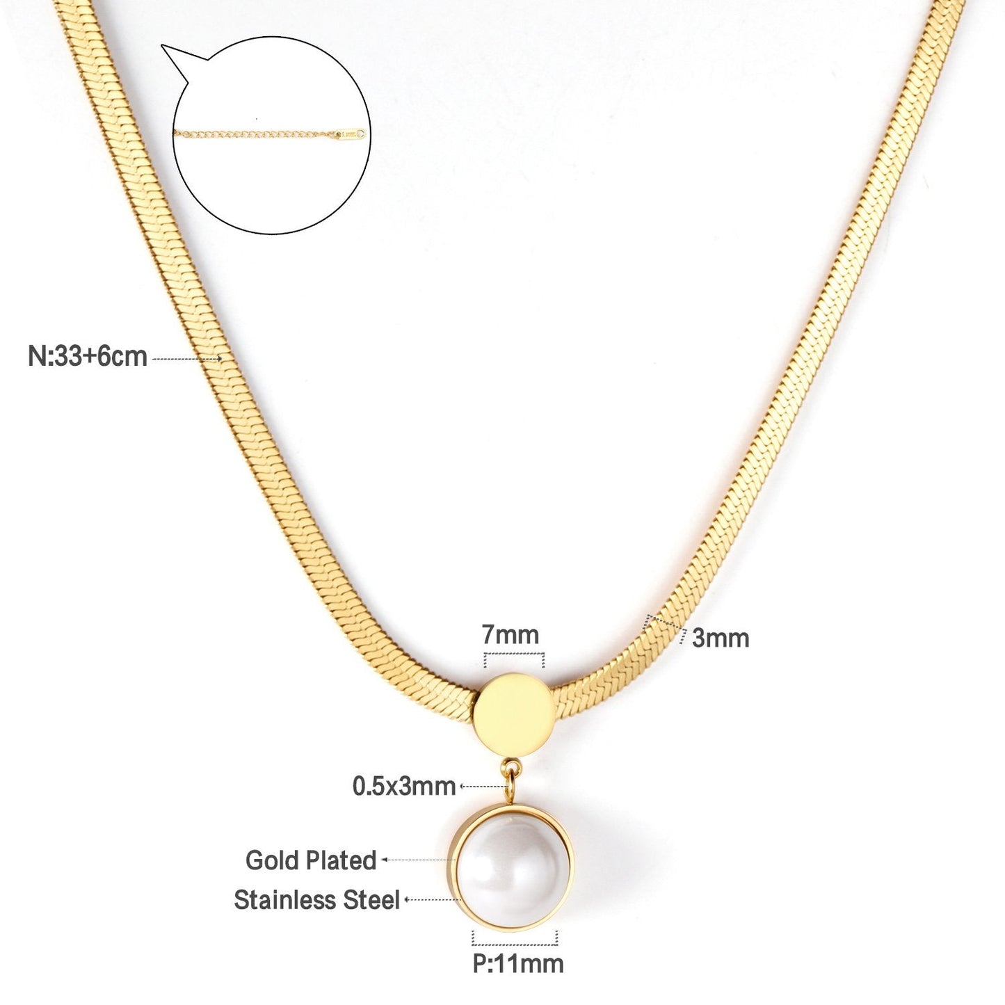 ASON Gold Color Flat Snake Chain Round Imitation Pearl Pendant Necklace Stainless Steel Choker for Women Fashion Jewelry