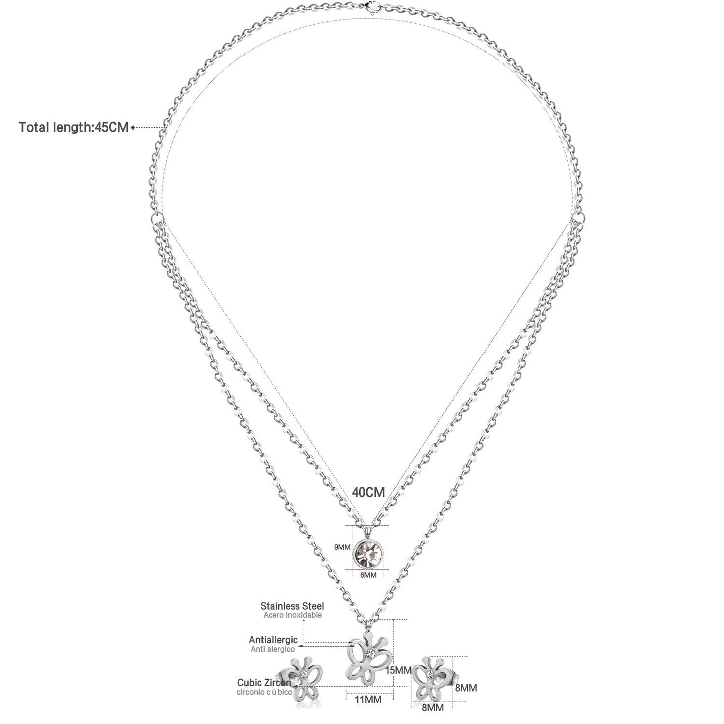 ASON Butterfly Double Set Necklace Pendant Small Stud Earring Wedding Jewelry Set for Women 316L Stainless Steel Sets