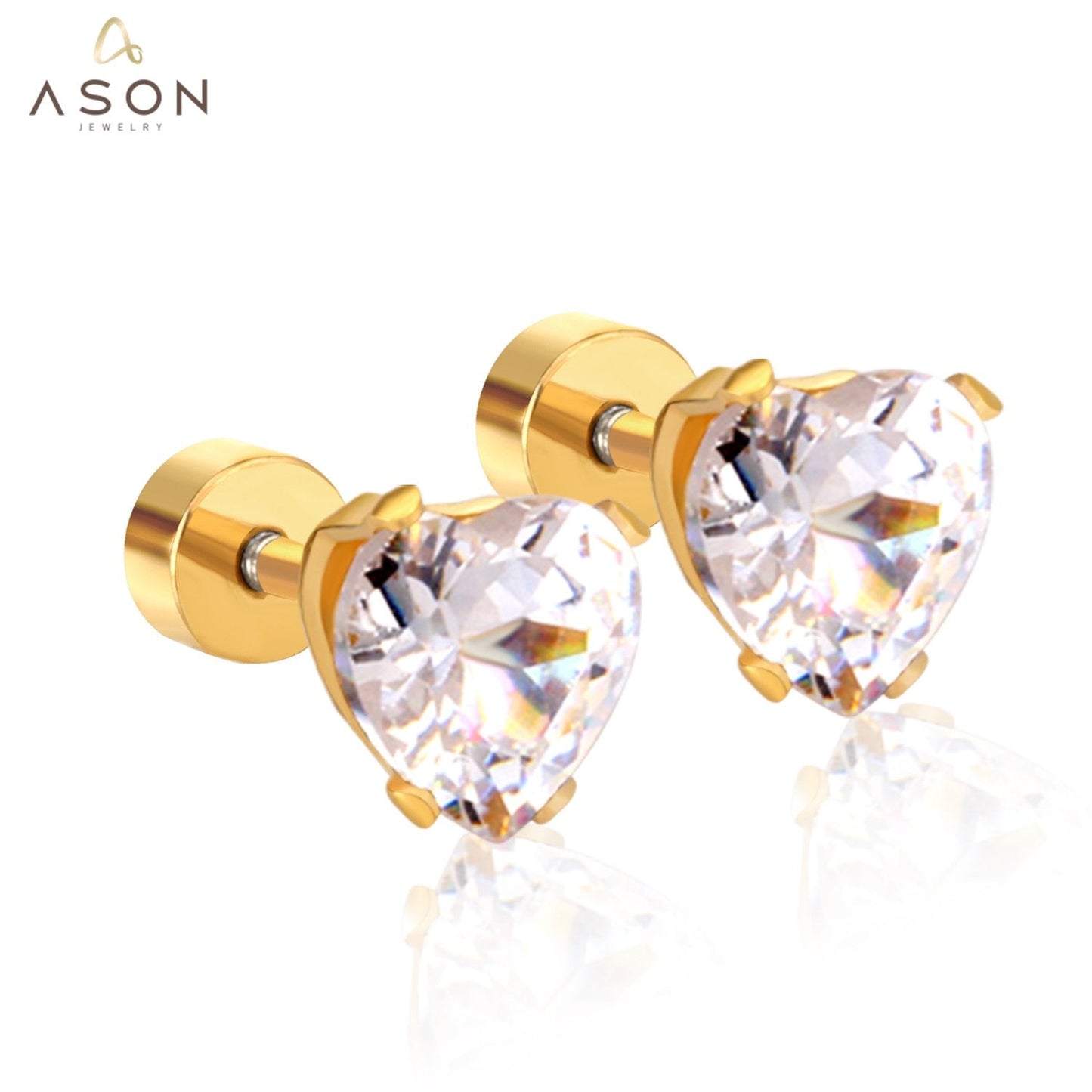 ASON Stainless Steel Cubic Zirconia Heart Shape Stud Earrings Anti-Allergy Women Fashion Accessories Party