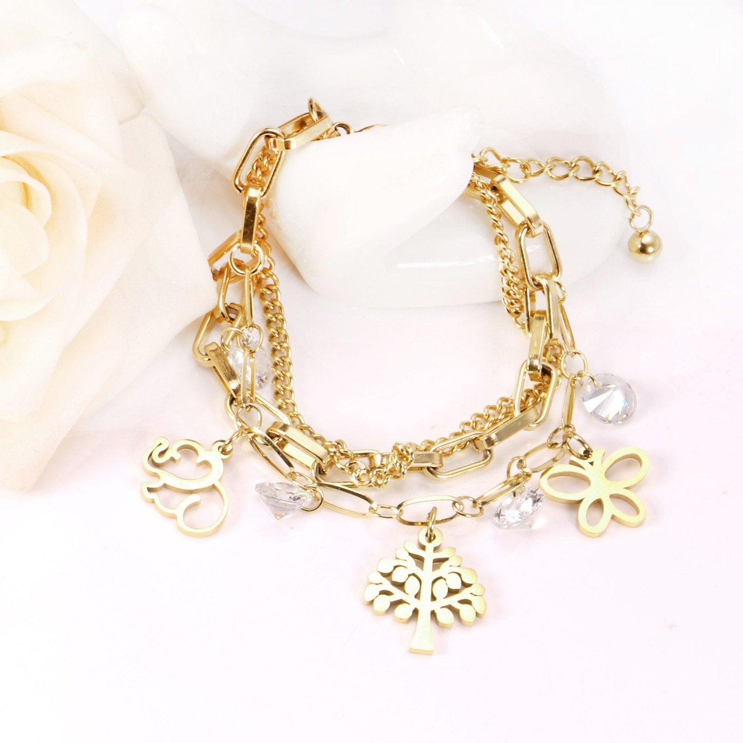 ASON Unique Extender Link Chain Bracelets Stainless Steel Gold Color Tree With Round Cubic Zirconia Adjustable Bracelets