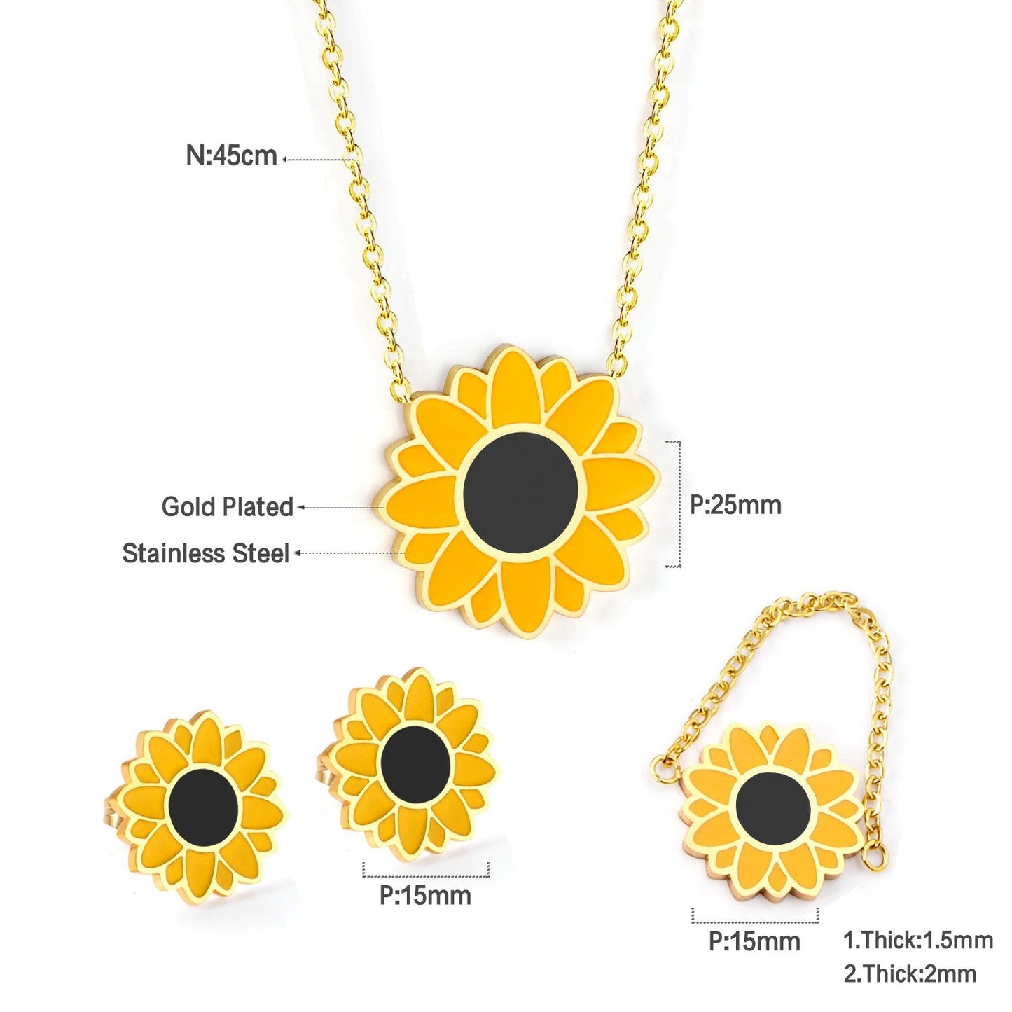 Stainless Steel Flower Pendant Necklace Earring Sets Fashion Women Rings Accessories Gold Color Chains Necklace