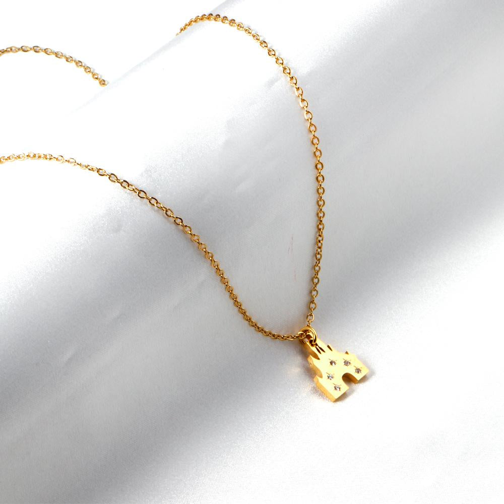 ASON Gold Color Lovely Castle Pendant Necklace with Cubic Zirconia Stainless Steel Choker for Women Men Fashion Jewelry