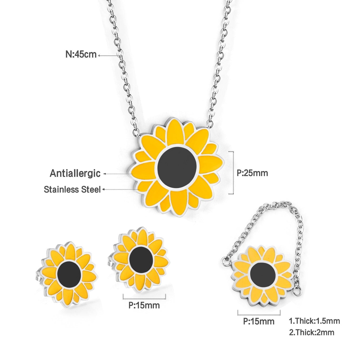 Stainless Steel Flower Pendant Necklace Earring Sets Fashion Women Rings Accessories Gold Color Chains Necklace