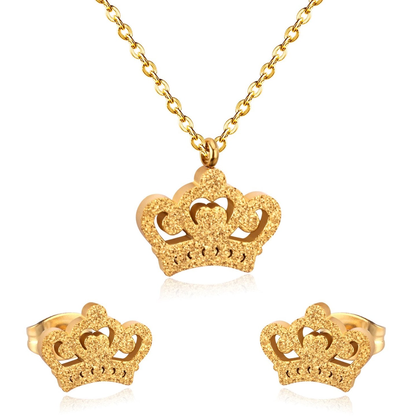 ASON Simple Style Crown Shape Frosted Gold Color Necklace Earrings Stainless Steel for Women Fashion Jewelry Sets Party