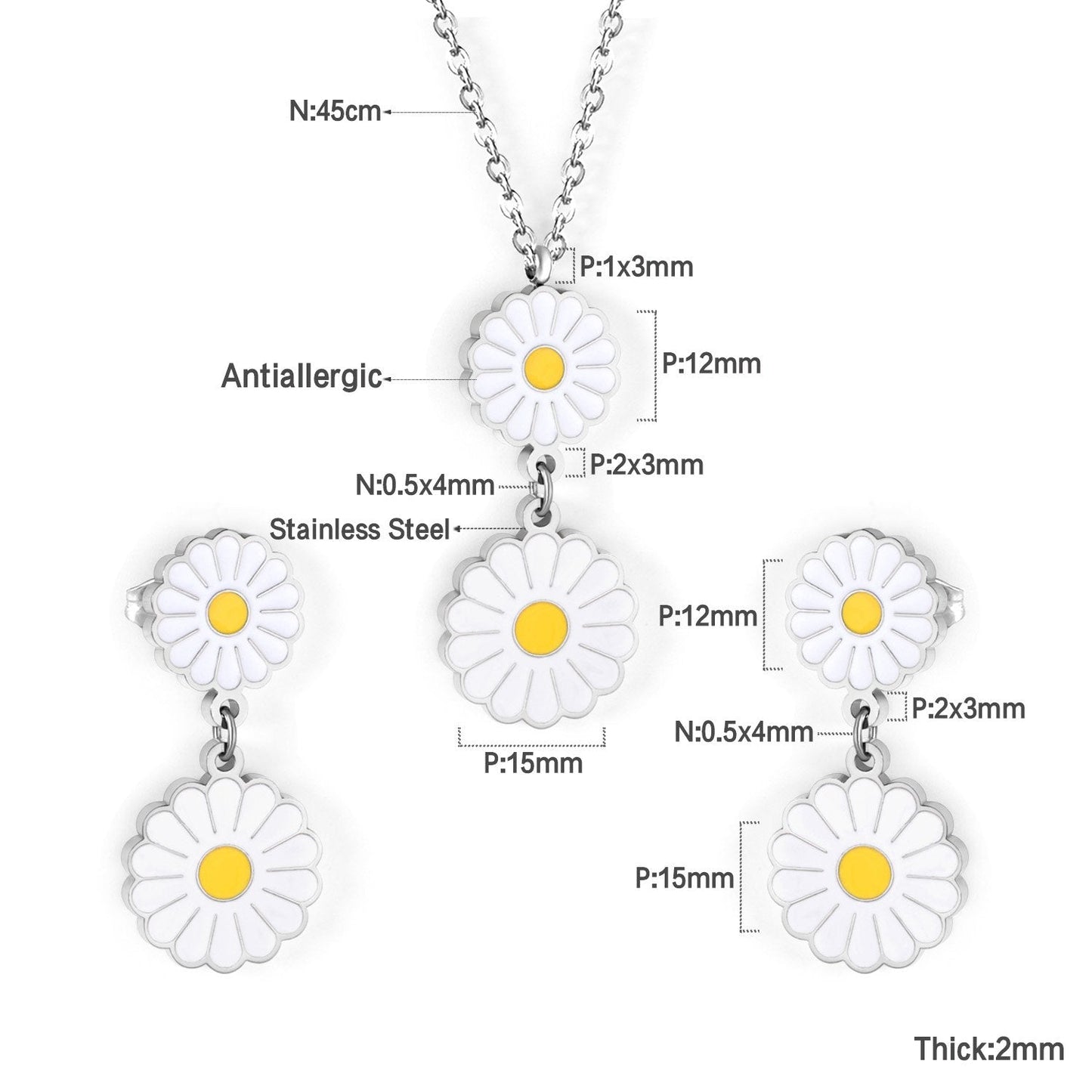 Romantic Stlye Cubic Zirconia Dripping Oil Flower Necklace Earrings Set Bijoux White Color For Women Pendants Collars