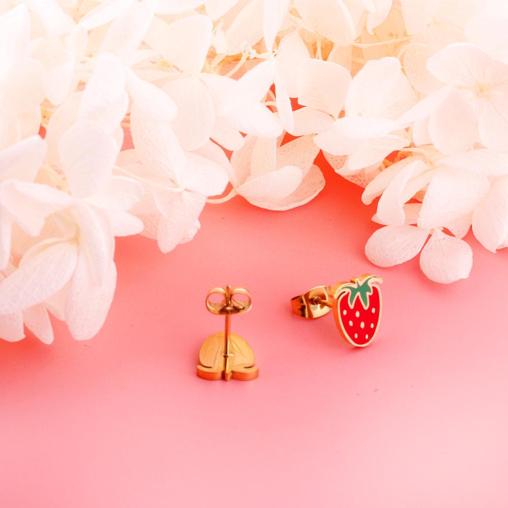 Enamel Girls Kids Small Earrings Stainless Steel Gold Color Push Back Strawberry Stud Earring Fashion Jewelry Party Baby Accessorie