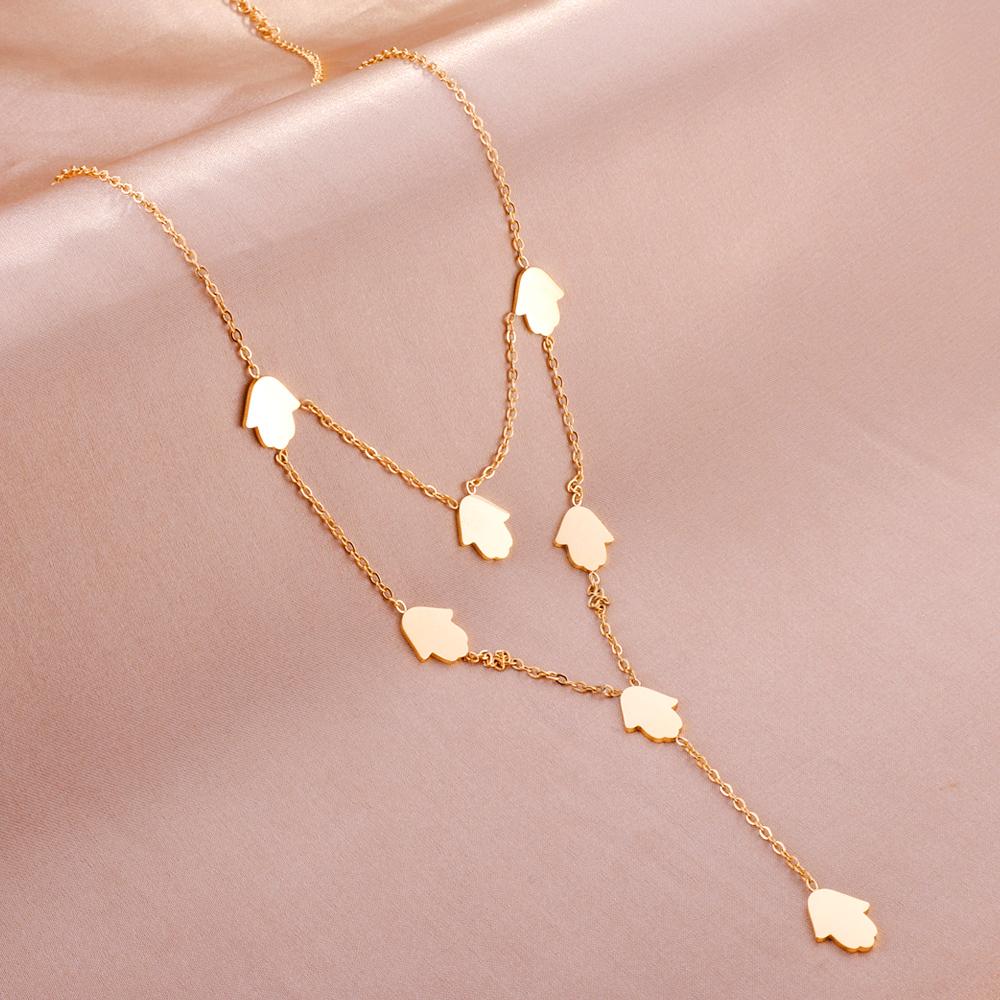 Hamsa Hand Charms Double Layer V Neck Pendant Necklace For Woman Stainless Steel Collier New 2022 Boho Fashion