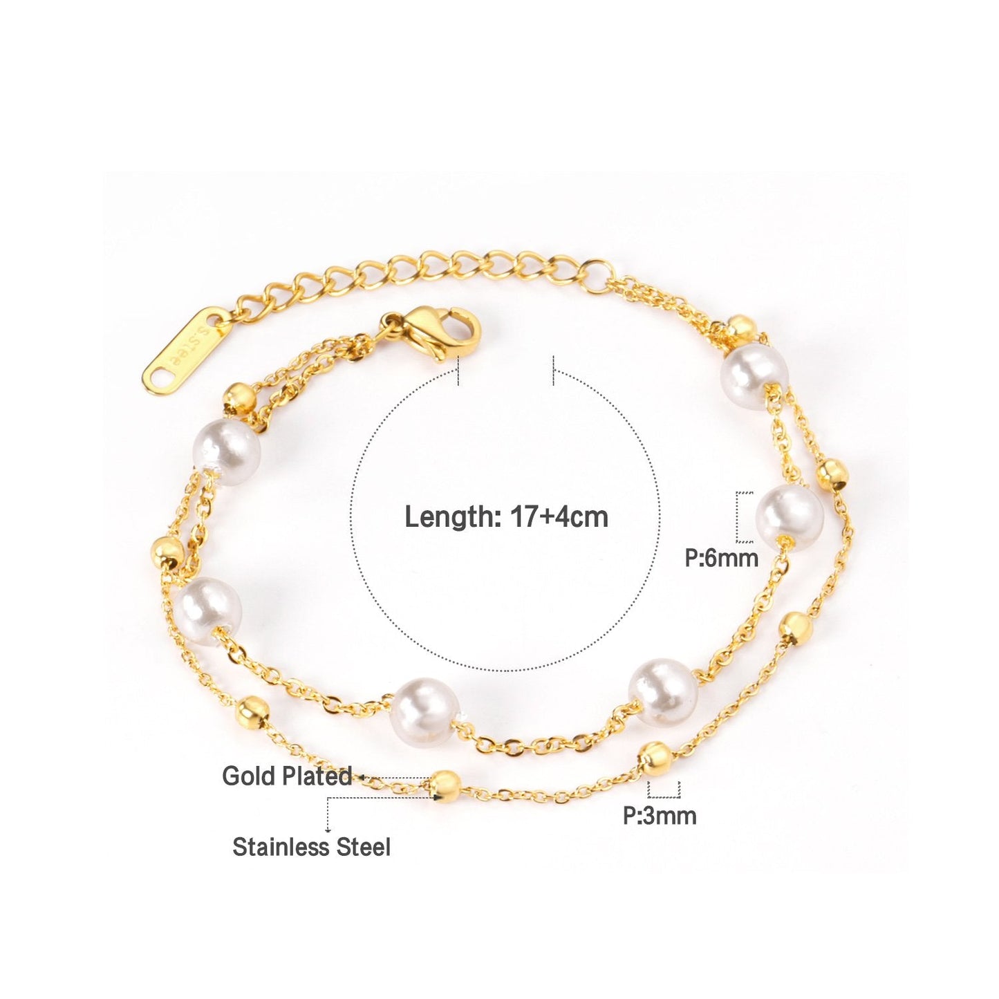 Wholesale Ason Gold Color Steel Ball Imitation Pearl 316L Stainless Steel Bracelet for Women Bangle with Extender Fashion Jewelry