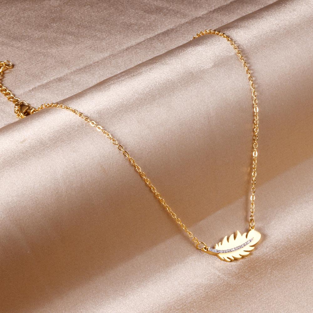 ASON Gold Color Feather Pendant Necklace with Rhinestone Stainless Steel Chain for Women Jewelry Gift Accessory Chokers