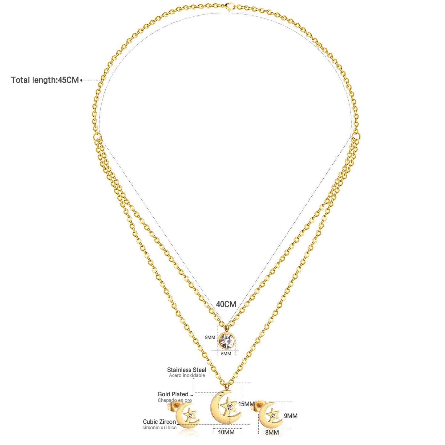 Stainless Steel Moon Star Double Chain Wedding Bridal Dubai African Jewelry Set Earring Necklace Women Jewelry sets