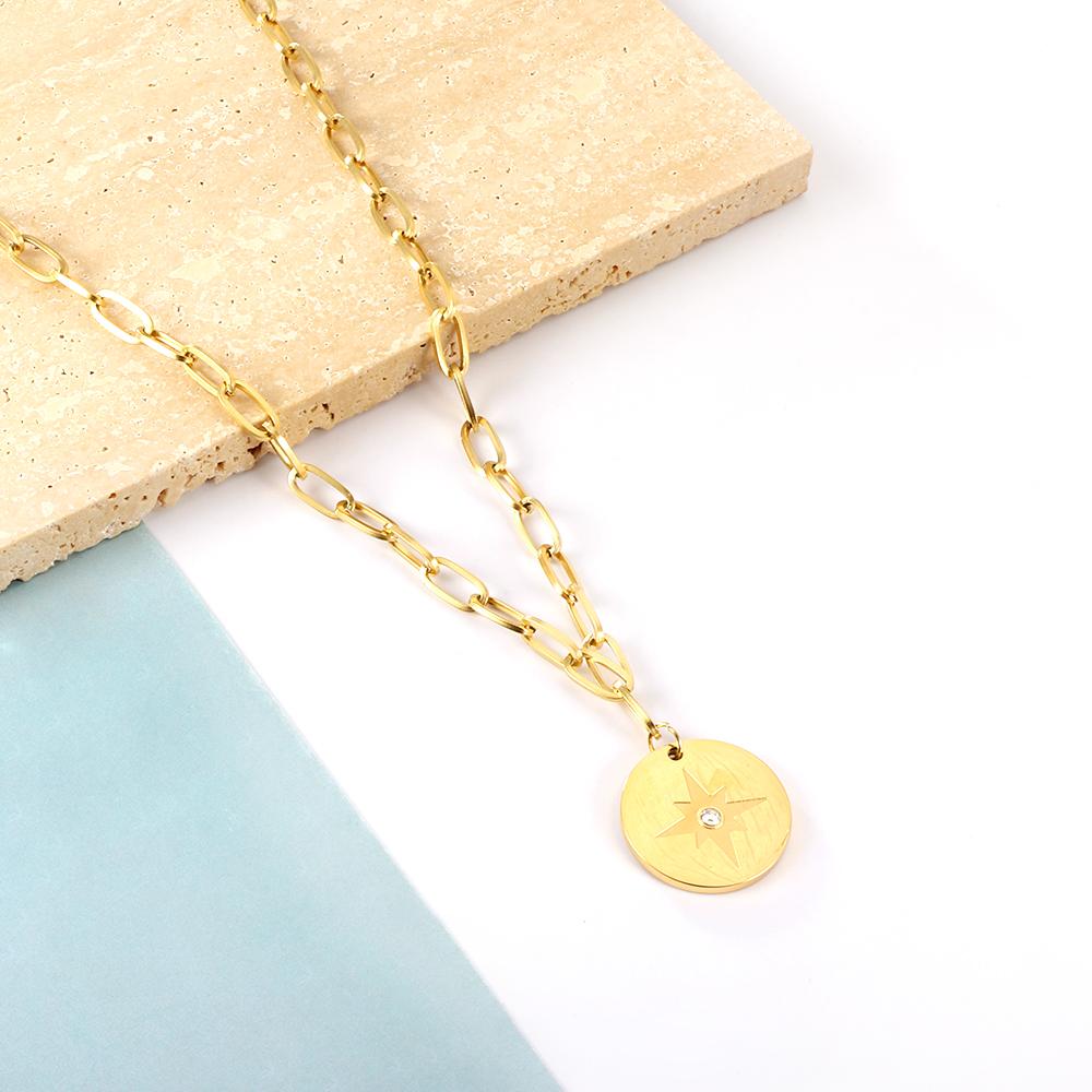 ASON Trendy Round Charm Luck Star Pendant Necklace Chains Gold Color Stainless Steel For Women Jewelry Chokers Simple Style