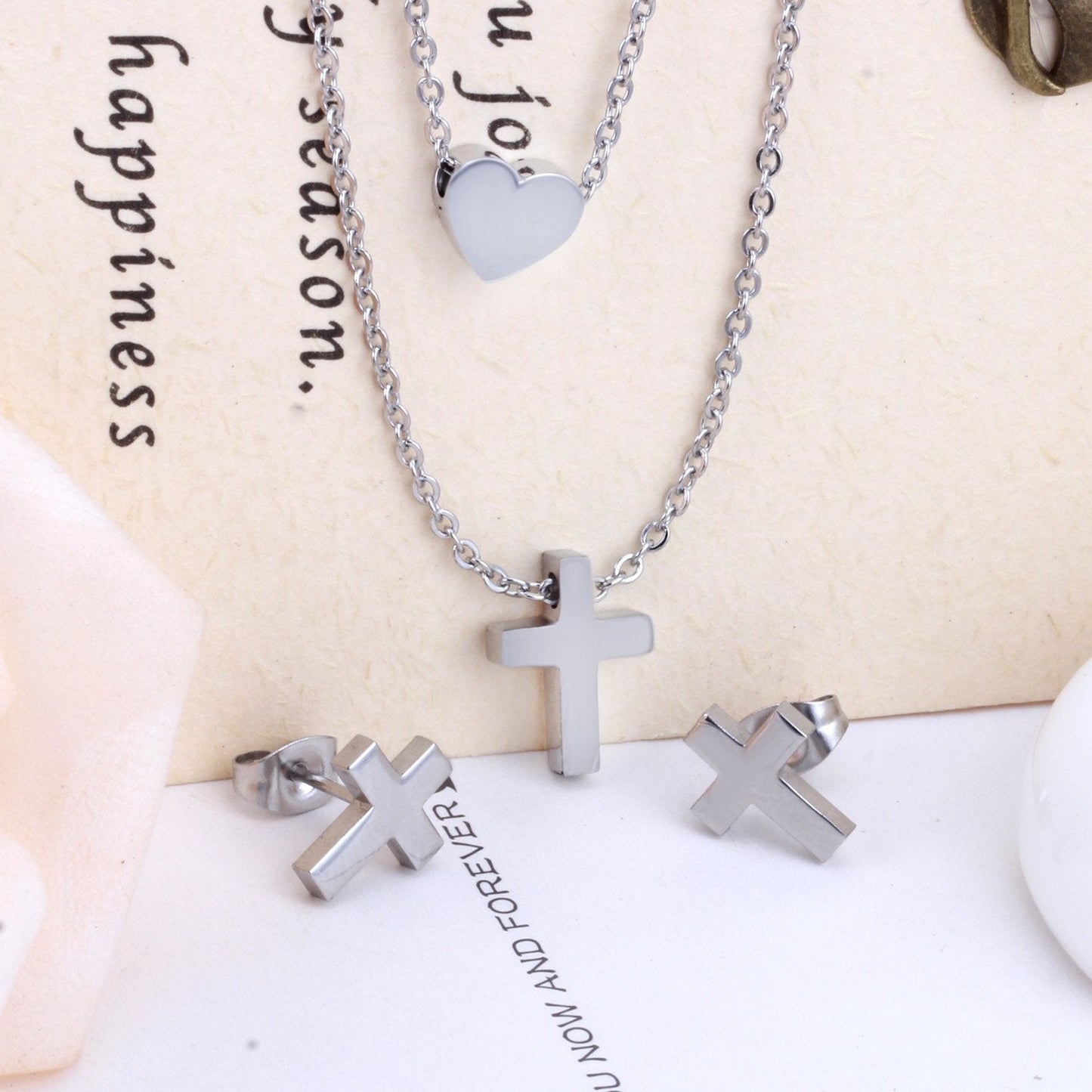 ASON Jewelry Sets for Party Stainless Steel Double Chains Necklace Gold Color Cross Piercing Stud Earring Fashion Jewelry