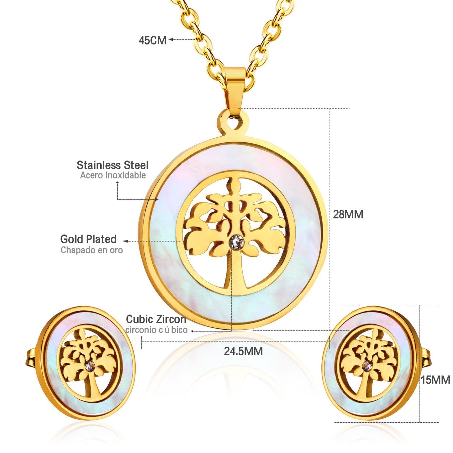 Gold Stainless steel Shell African Wedding Dubai Bridal Jewelry set Indian Tree Necklace Earrings Jewellery Set