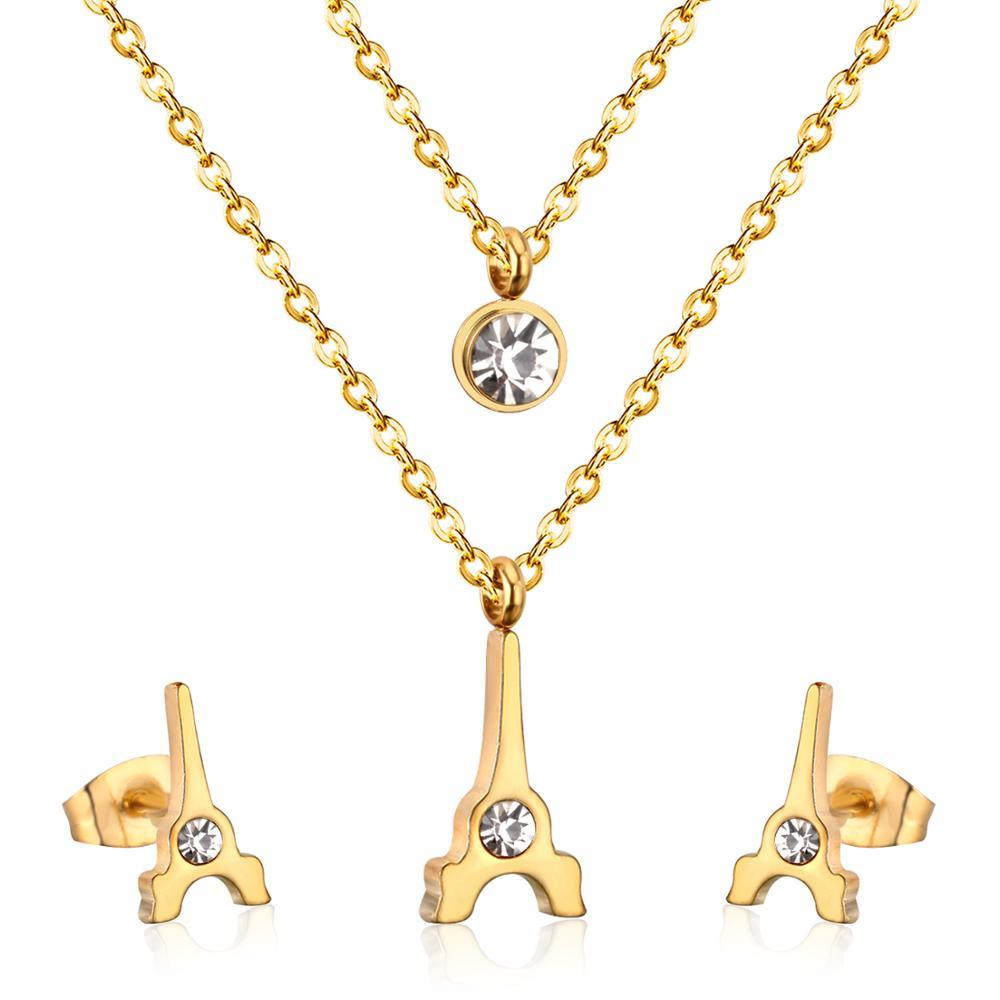 Brand New Stainless Steel Eiffel Tower Pendants Round Crystal Double Necklace Earrings For Women Dubai Jewelry Set