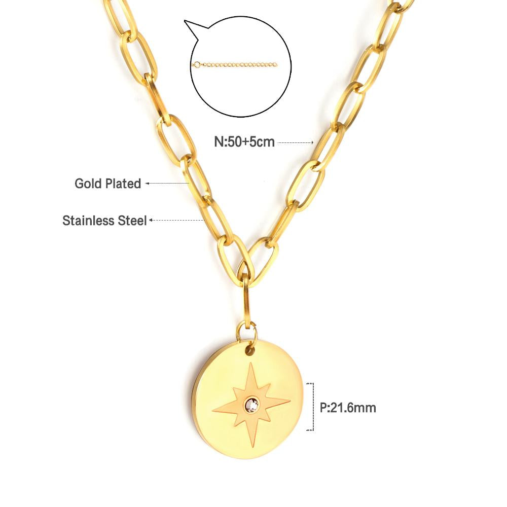 ASON Trendy Round Charm Luck Star Pendant Necklace Chains Gold Color Stainless Steel For Women Jewelry Chokers Simple Style