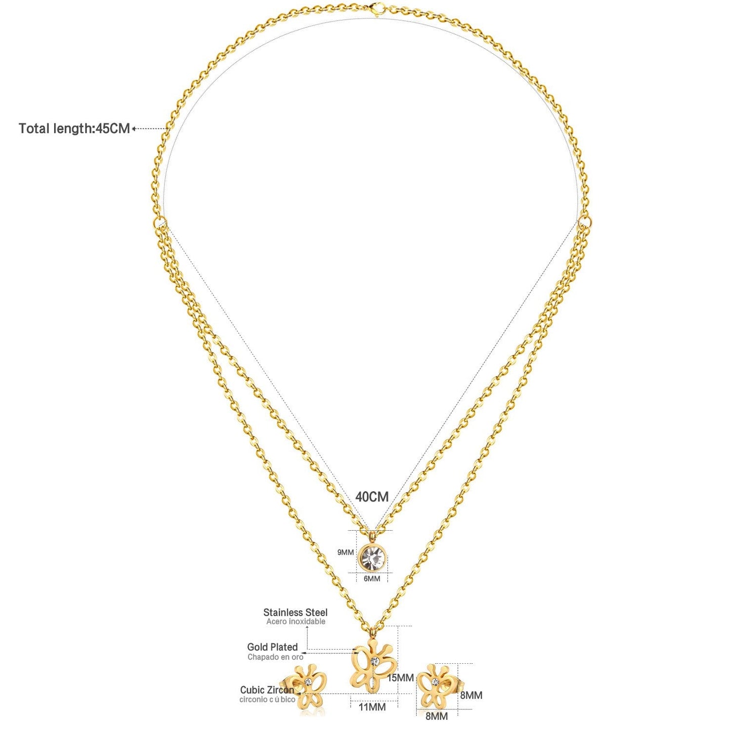 ASON Butterfly Double Set Necklace Pendant Small Stud Earring Wedding Jewelry Set for Women 316L Stainless Steel Sets