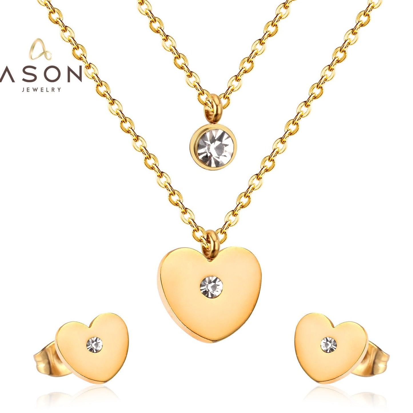 ASON 316L Stainless Steel Heart Love Gold Bridal Wedding Jewelry Set for Women Necklace Pendant Small Stud Earring