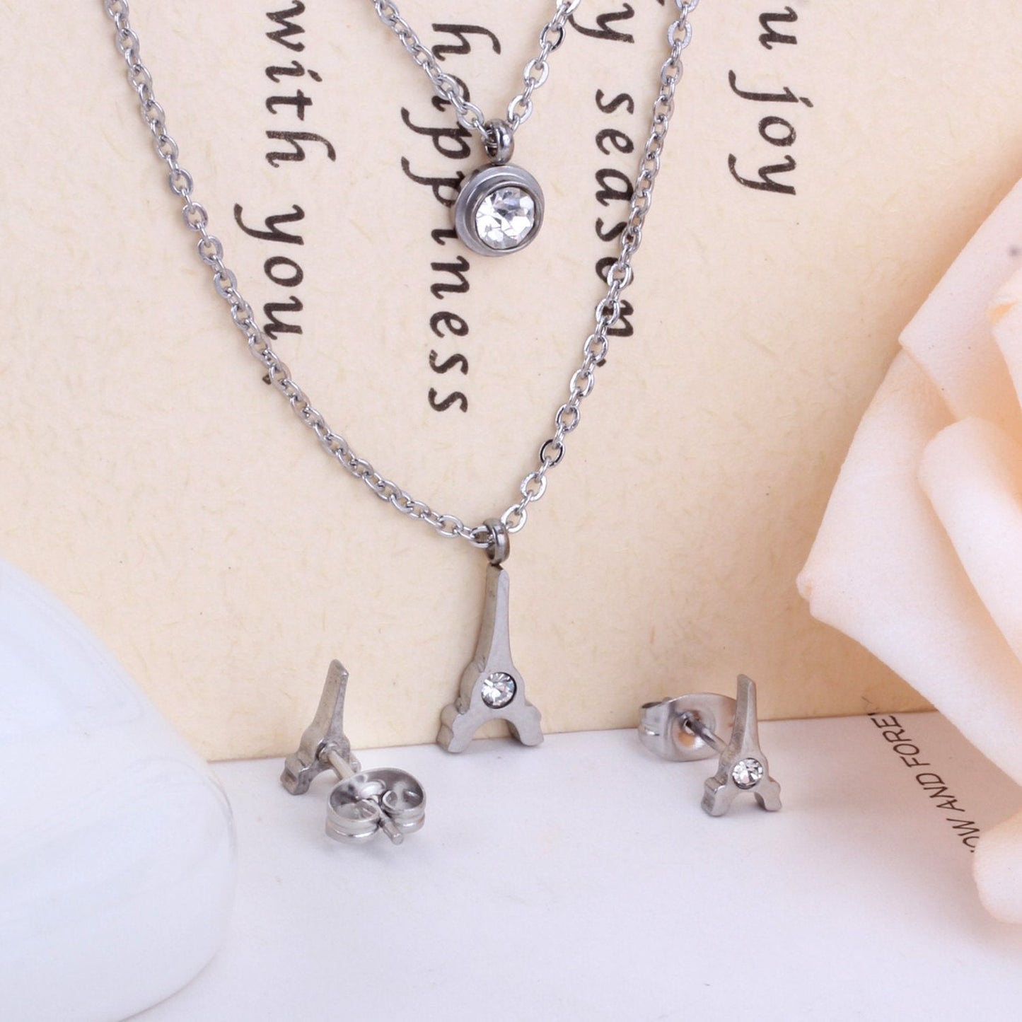 Brand New Stainless Steel Eiffel Tower Pendants Round Crystal Double Necklace Earrings For Women Dubai Jewelry Set