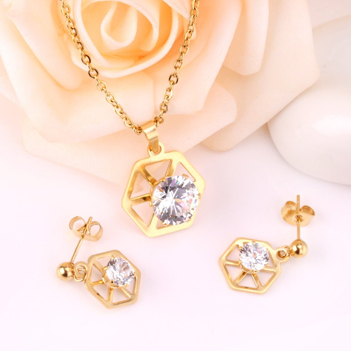 Hexagon With Cubic Zircon Pendant Necklaces Earrings Sets For Women Party Jewelry Set Factory Direct parures bijoux