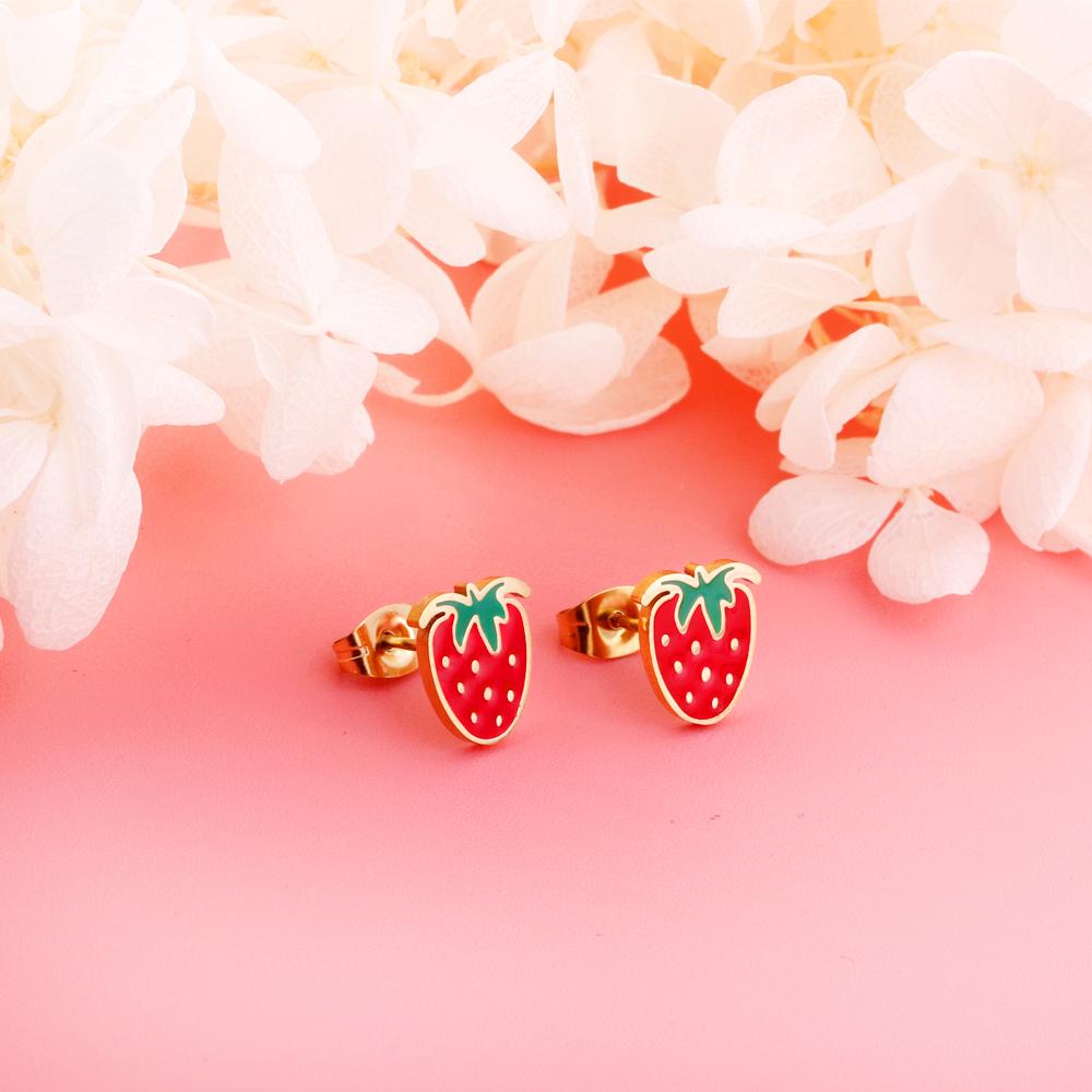 Enamel Girls Kids Small Earrings Stainless Steel Gold Color Push Back Strawberry Stud Earring Fashion Jewelry Party Baby Accessorie