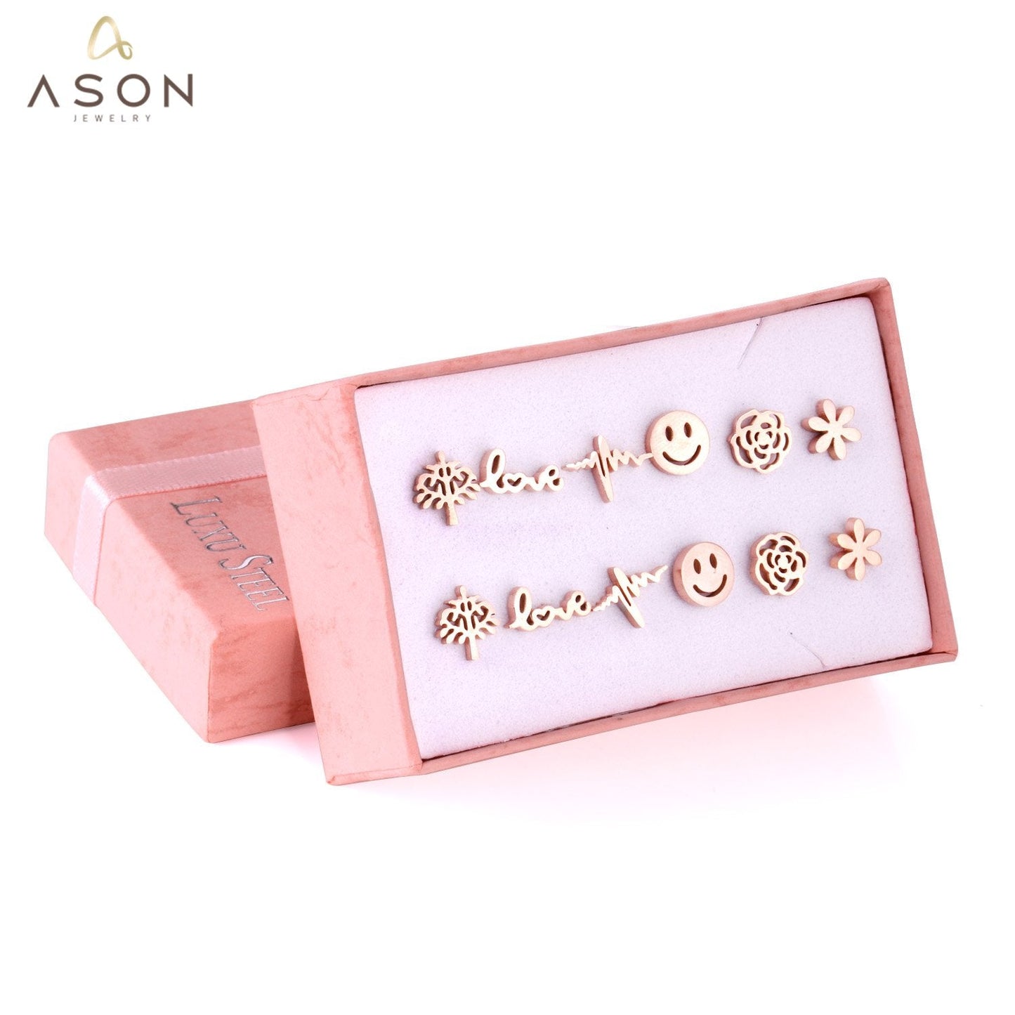 ASON Small Earrings Trendy Jewelry Rose Gold Color Flower Tree Smile Letter 6pairs/Box Stainless Steel Earrings Sets Party