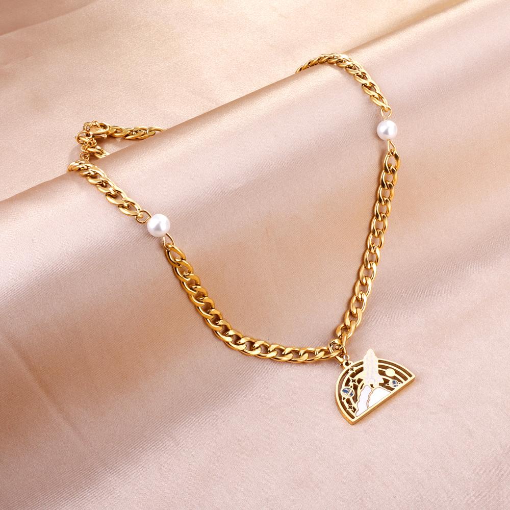 Moon With Cute Astronaut Design Elegant Chain With Imiatation Pearl Double Layer Jewelry On Neck Statement Collier