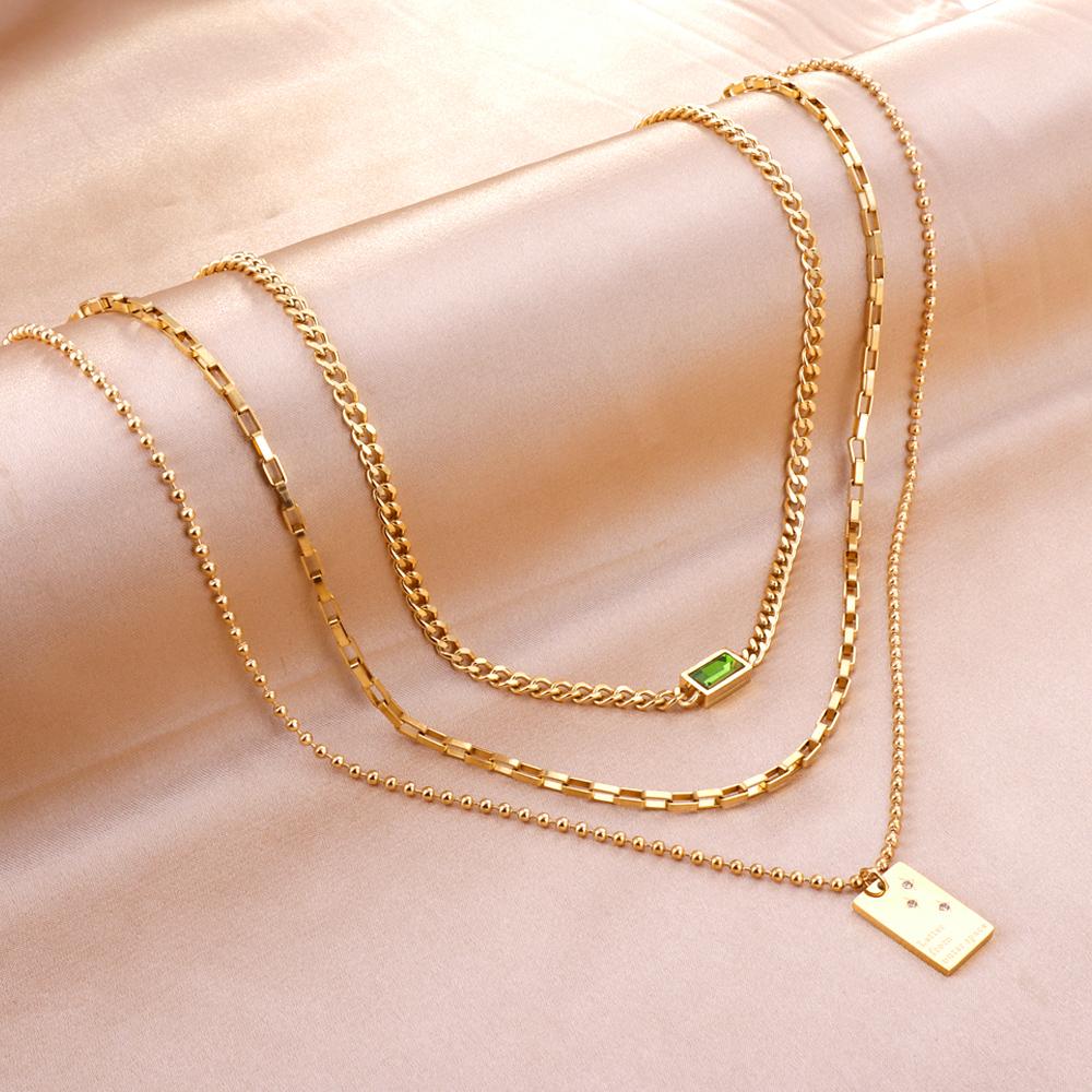 Green Square Shiny Zirconia Necklace Triple Multi-layer Square Pendant Necklace For Woman Mix Chains Thick Collier