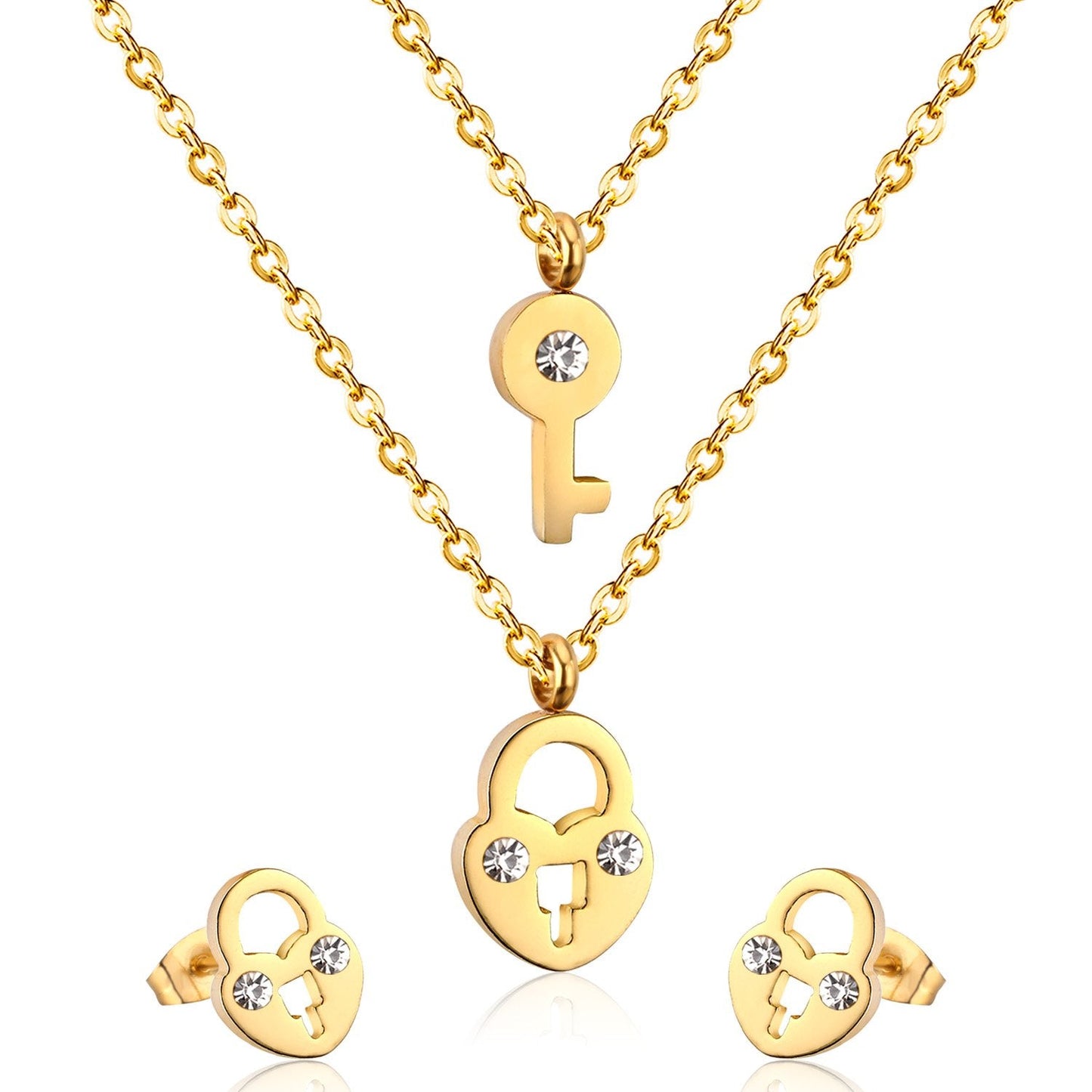 New Heart Lock With Key Earrings Pendant Necklace Sets Stainless Steel Wedding Jewellry Party Gift parures bijoux