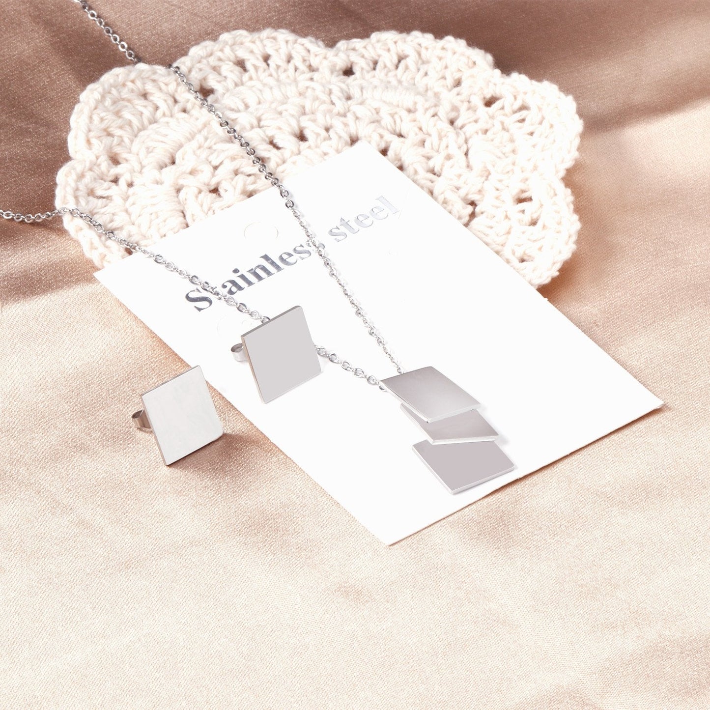 Rectangle Shape Trendy Necklaces Earrings Stainless Steel Jewelry Set Gold/Silver Color For Woman Valentine Gifts