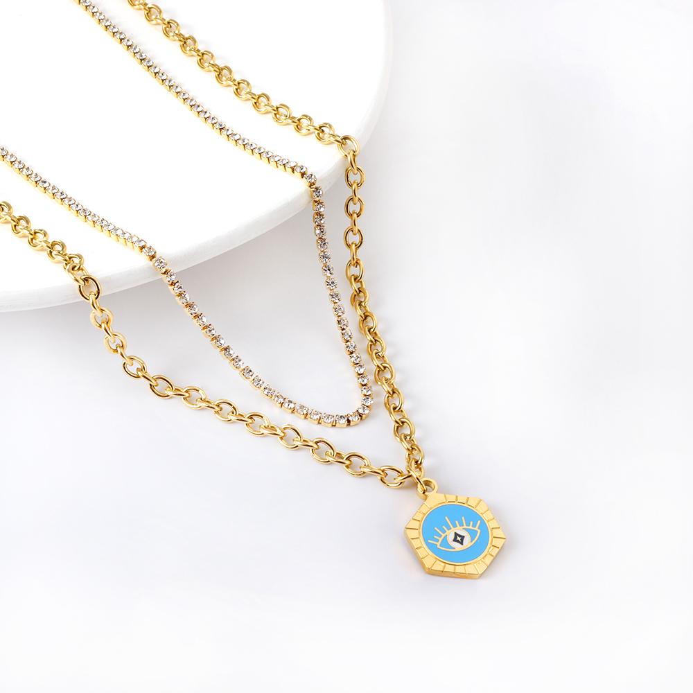 ASON Trendy Hexagon Blue Evil Eye Charm Pendant Necklace Gold Color Stainless Steel For Women Jewelry Chokers Boho Party