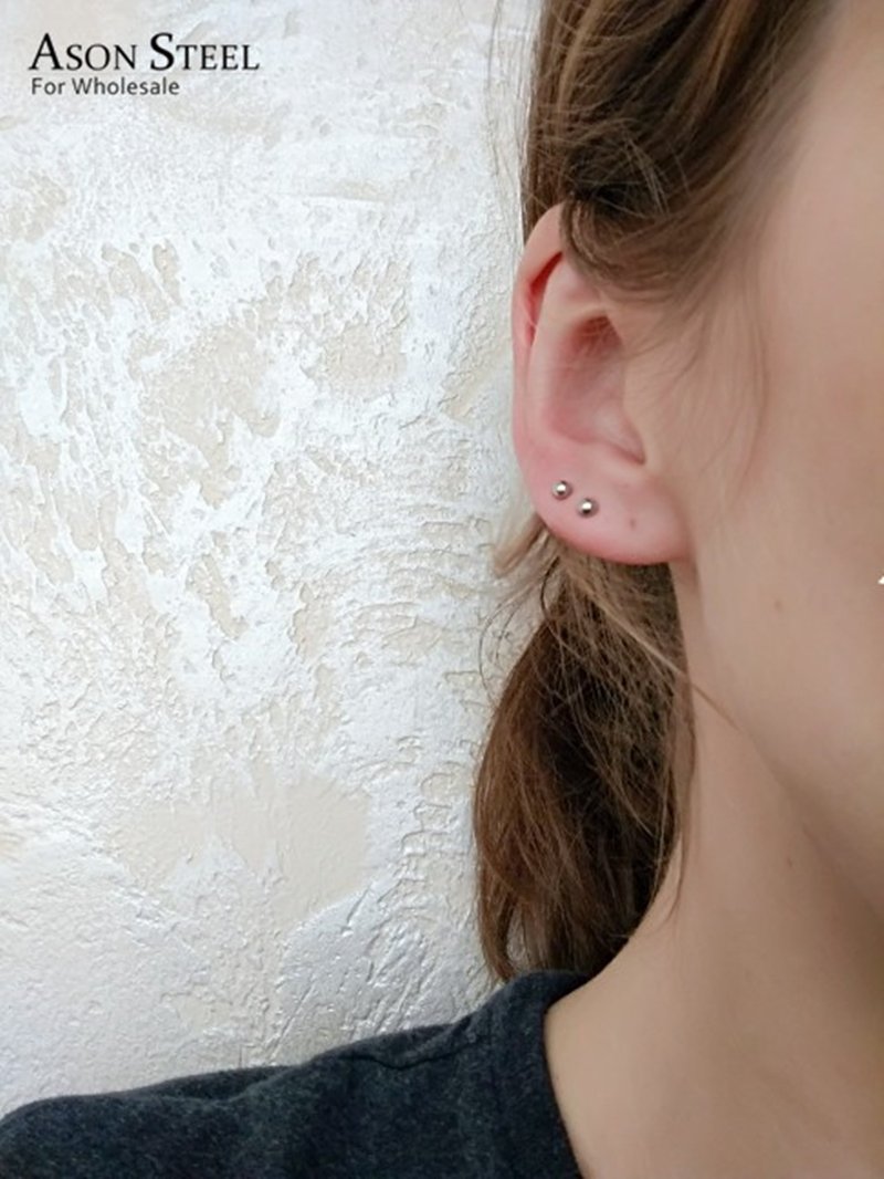 ASON Round Ball Press Piercing Stud Earrings Gold Color Stainless Steel for Women Baby Kids 3mm/4mm/5mm Jewelry Wholesale