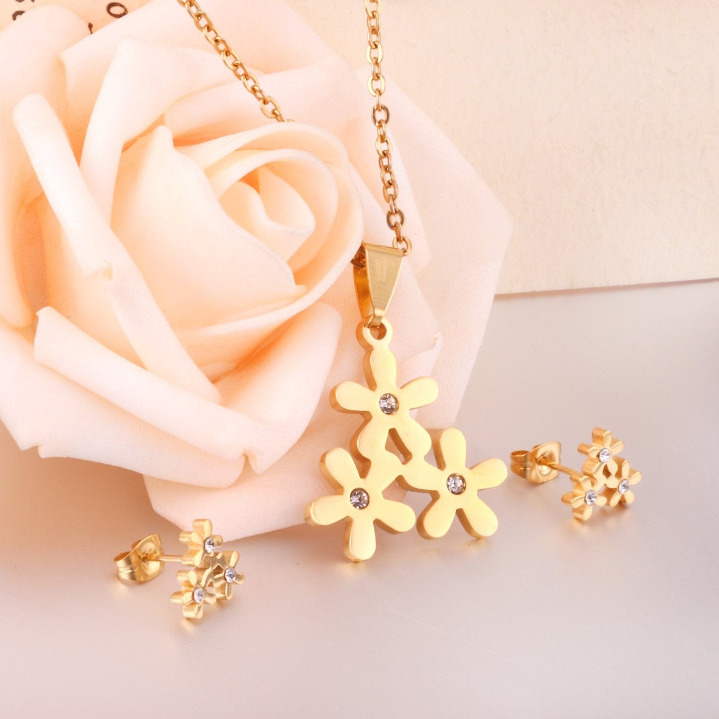 Stainless Steel Jewelry Sets For Women Bridal Dubai Flower Crystal Earrings Necklace Jewellery Set Accessories