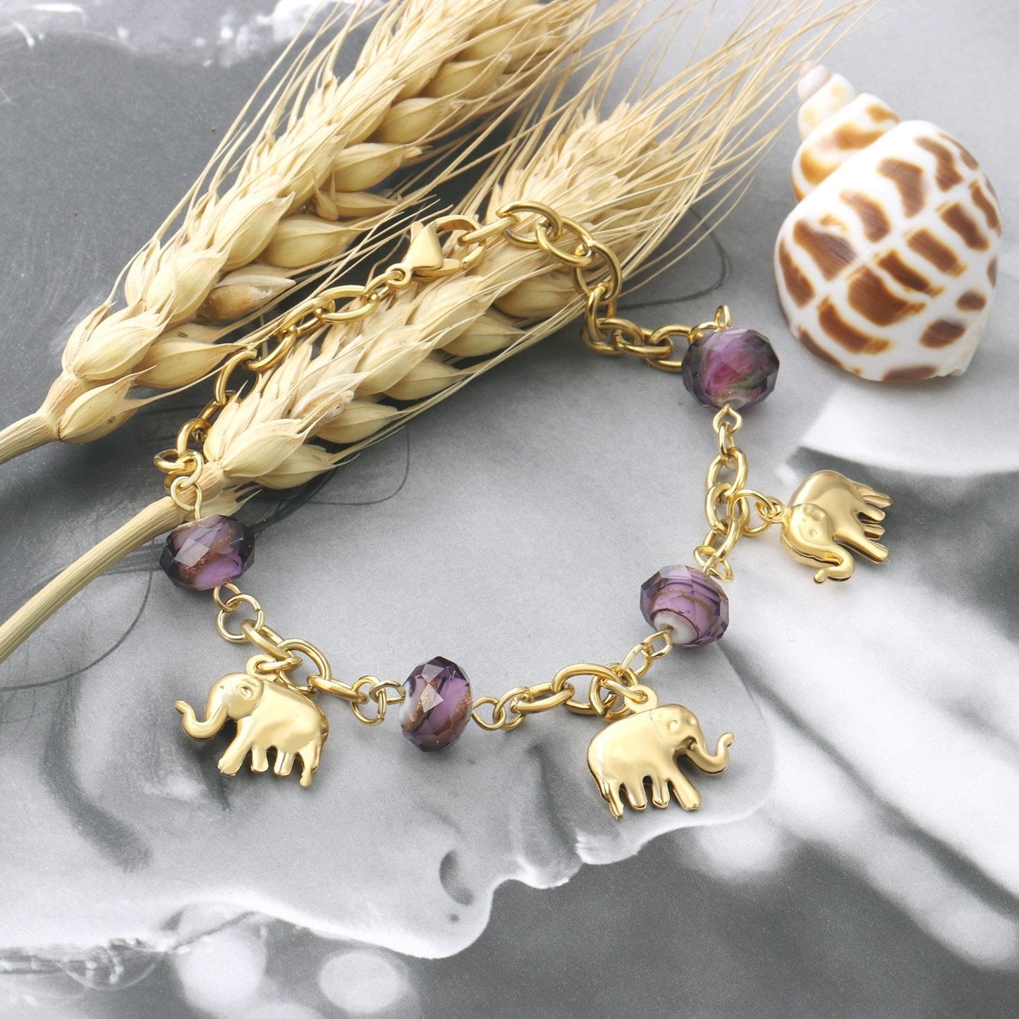 ASON Fashion Elephant Charm Beads Chain Bracelets for Women Gold Color Stainless Steel Bangle Pendant Accessories Jewelry