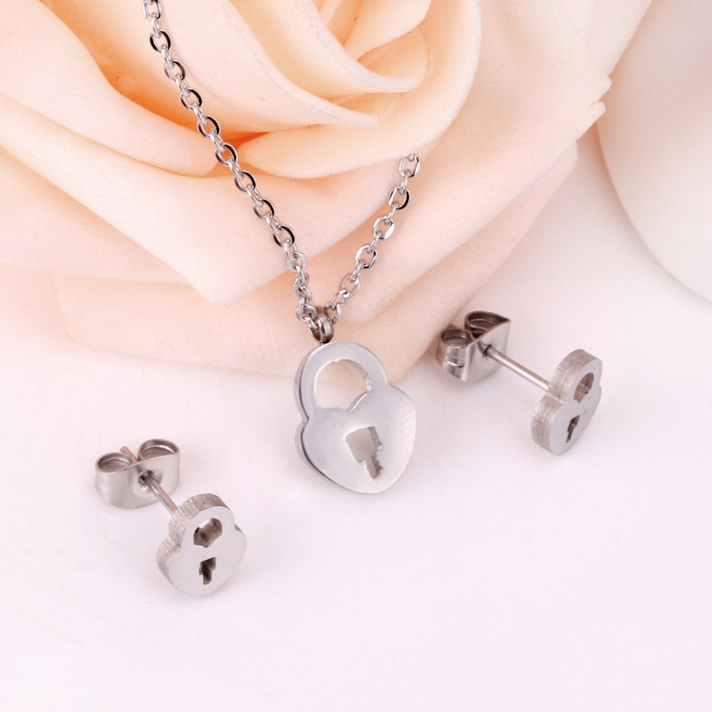 Heart Shape Lock Stainless Steel Silver Color Necklaces Earrings Sets For Ladies Party Jewelry Set pendientes mujer