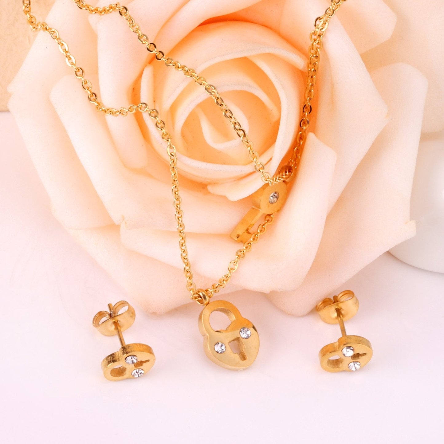 New Heart Lock With Key Earrings Pendant Necklace Sets Stainless Steel Wedding Jewellry Party Gift parures bijoux