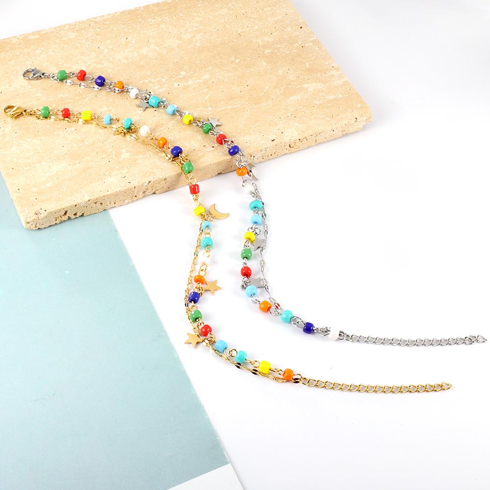 ASON Trendy Mixed Color Beads Moon And Star Accessories Multi-layer Chains Anklet Gold Color Stainless Steel For Women Gift