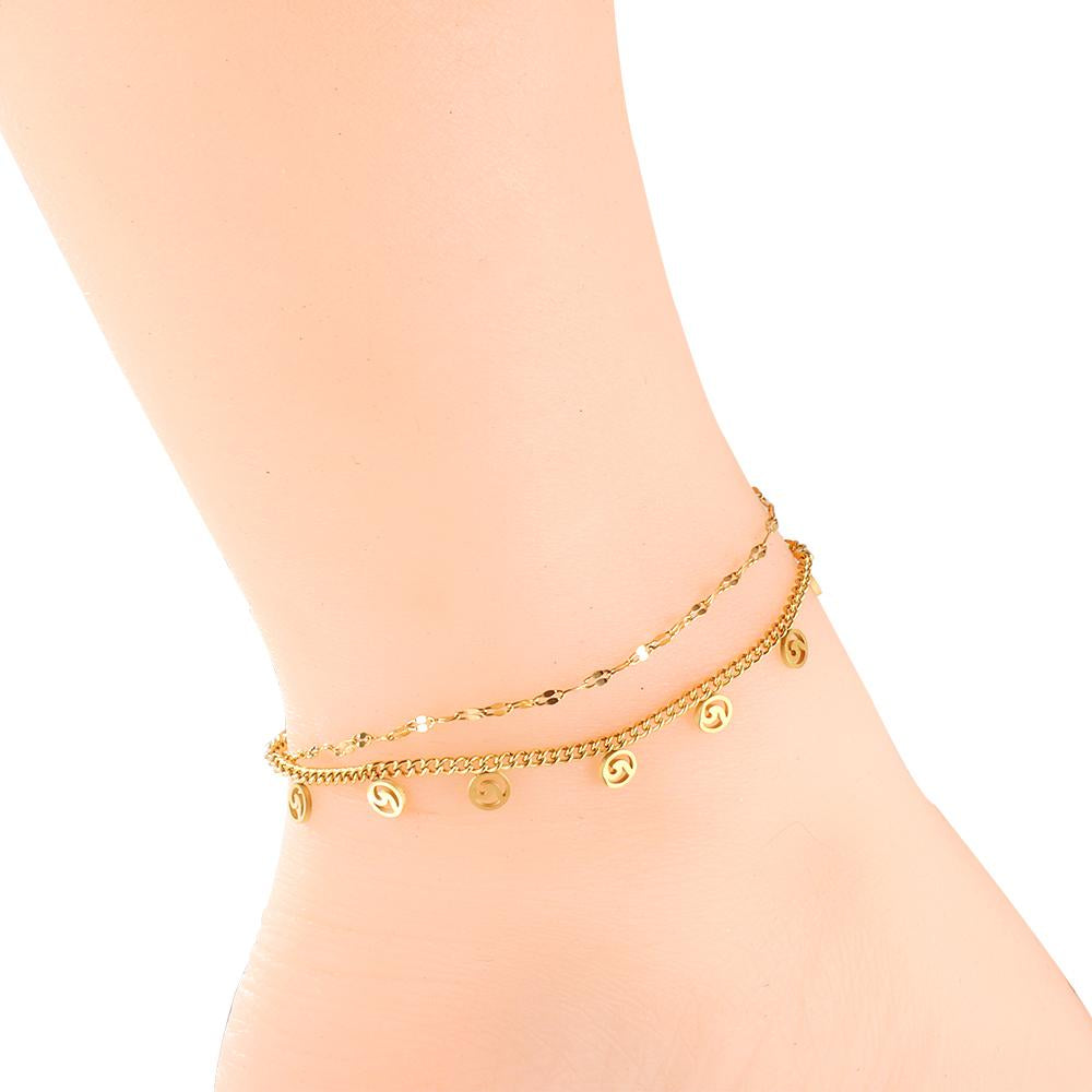ASON Fashion Round Shape Hollow Out Accessories Multi-layer Chains Anklets Gold Color Stainless Steel For Women Jewelry
