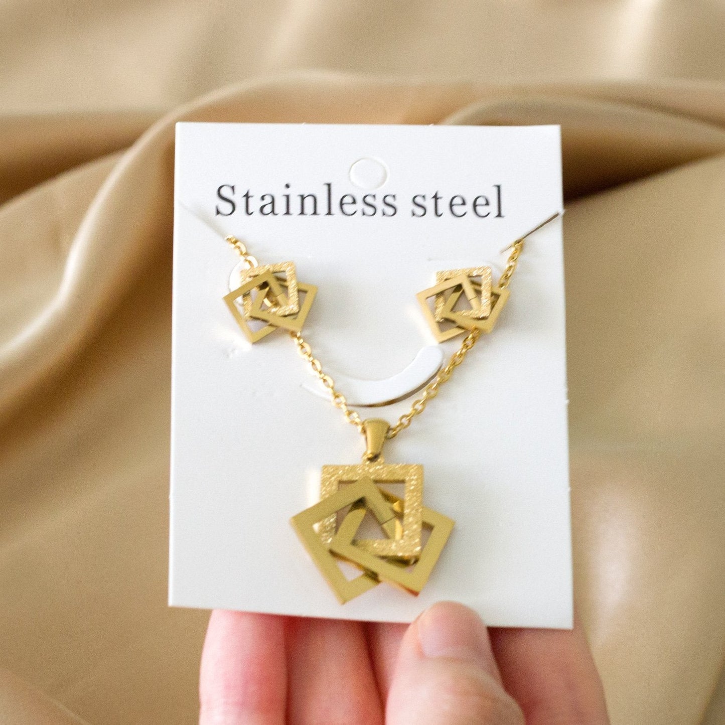 Square Shape Stainless Steel Gold/Silver Color Necklaces Earrings Sets For Women Party Jewelry Set pendientes mujer