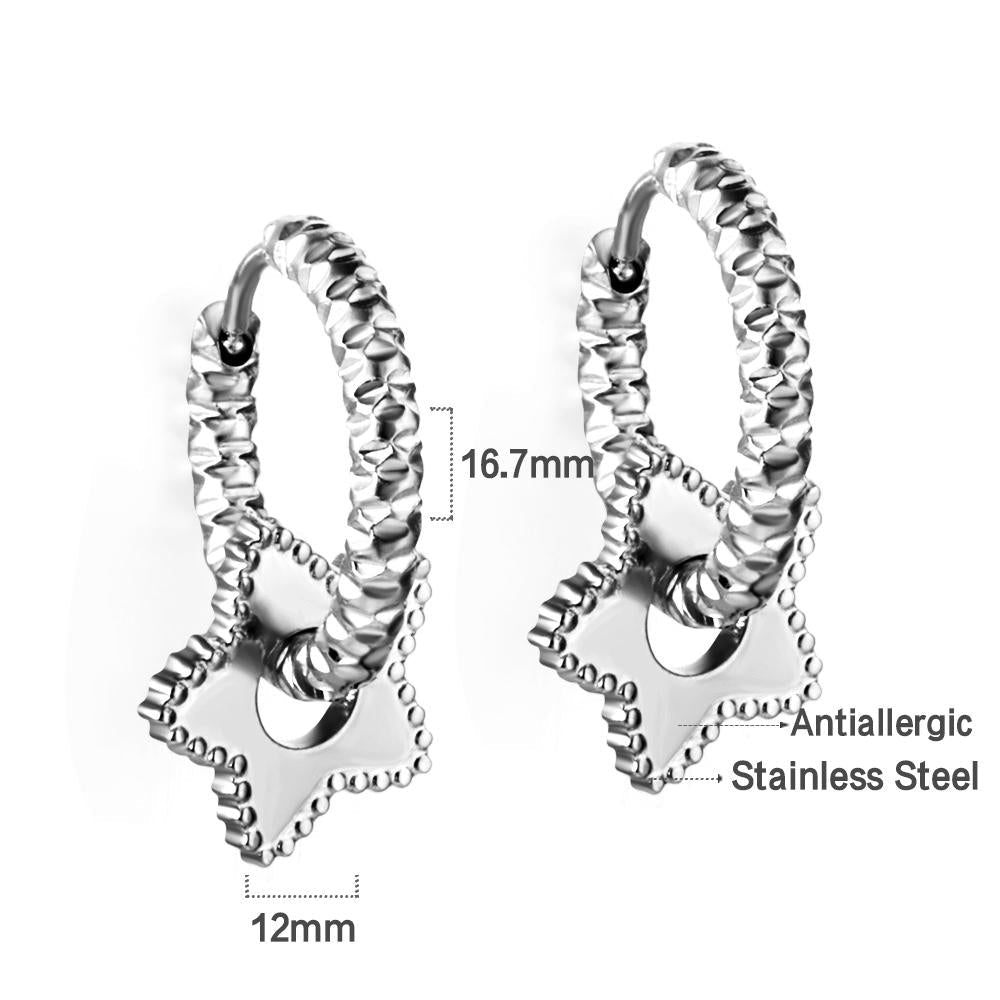 Stainless Steel Textured Metal Star Pendant Drop Huggie Earrings For Women Girls Vintage Waterproof Temperament Hoops