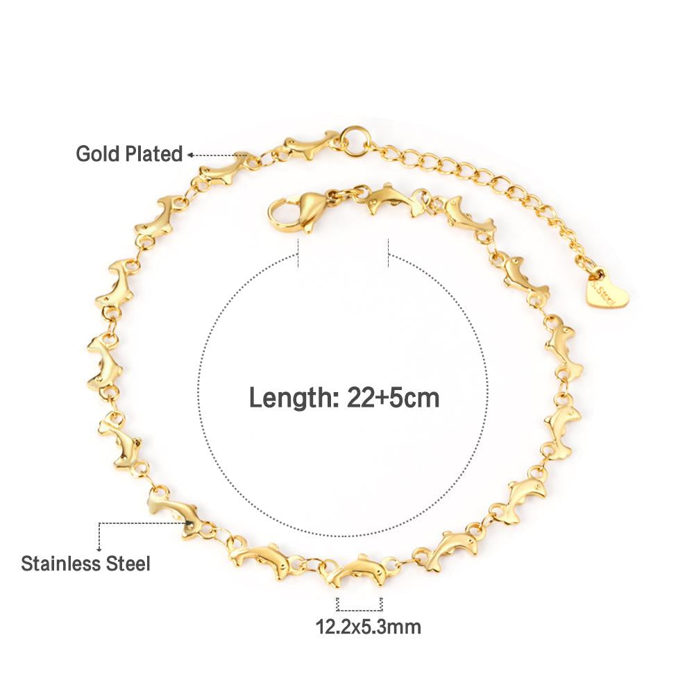 ASON Stainless Steel Dolphin Charm Anklet Gold Color Beach Jewelry for Women 22+5cm Foot Chain Jewelry Accessories