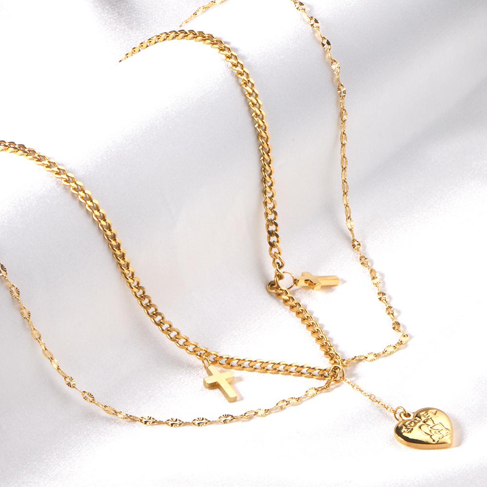 ASON Fashion Heart Cross Multi-layer Chain Pendant Necklace Gold Color Stainless Steel Choker for Women Jewelry Accessories