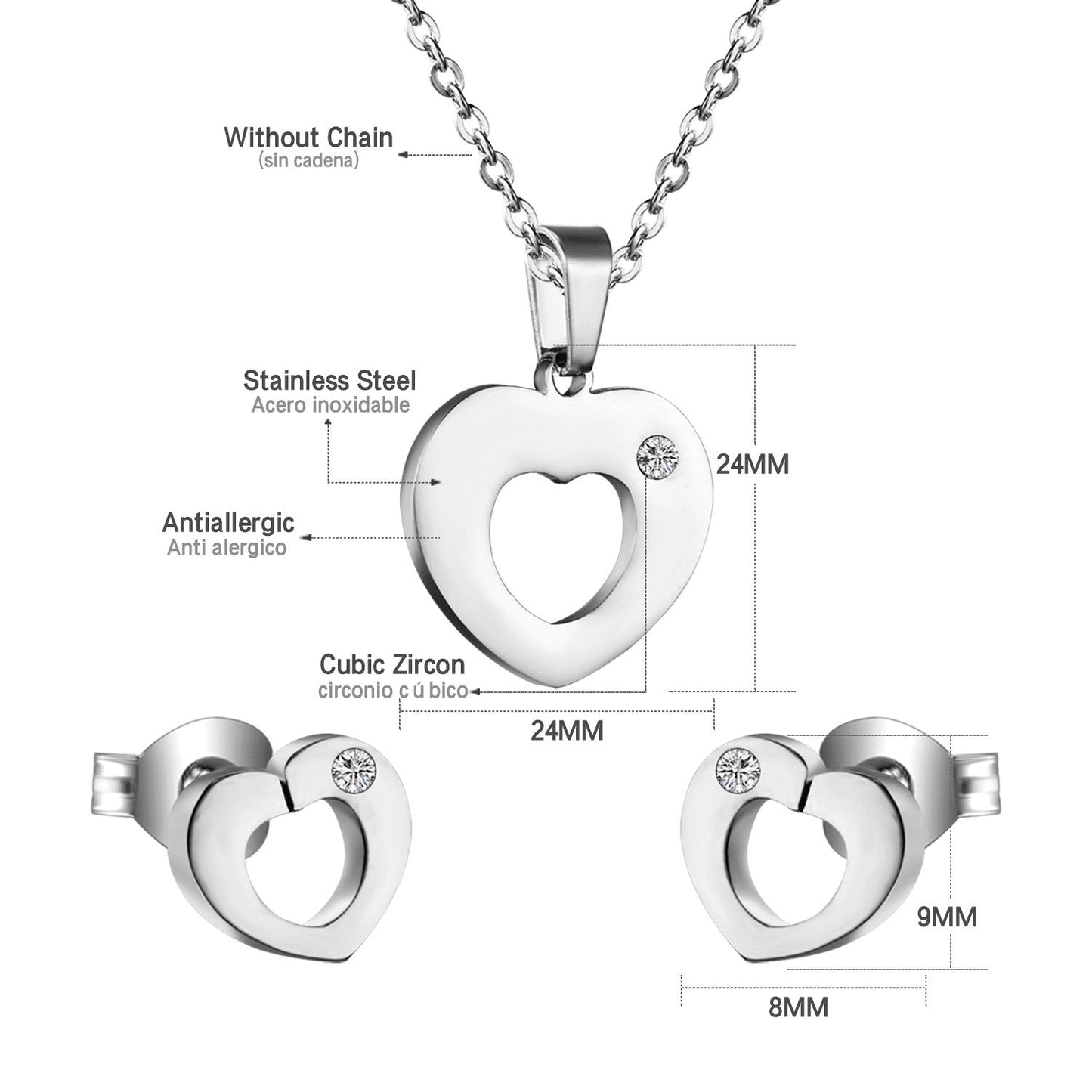 Fashion Heart Shape Hollow Stainless Steel Necklaces Earrings Sets For Women Party Jewellry Sets pendientes mujer