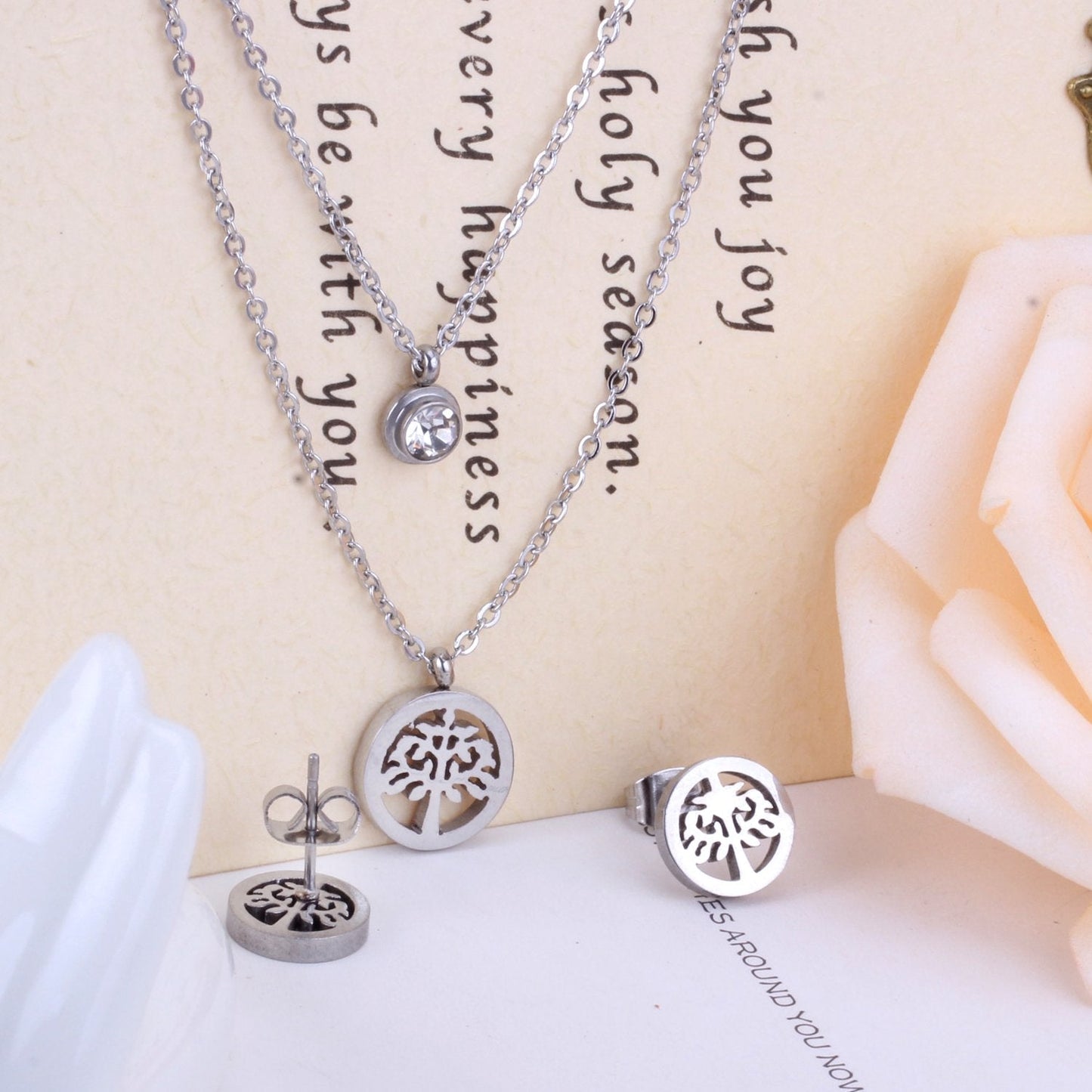 New Arrival Tree Round Crystal Pendant Double Dubai Wedding Necklace Earring Sets For Women Jewelry Wholesale