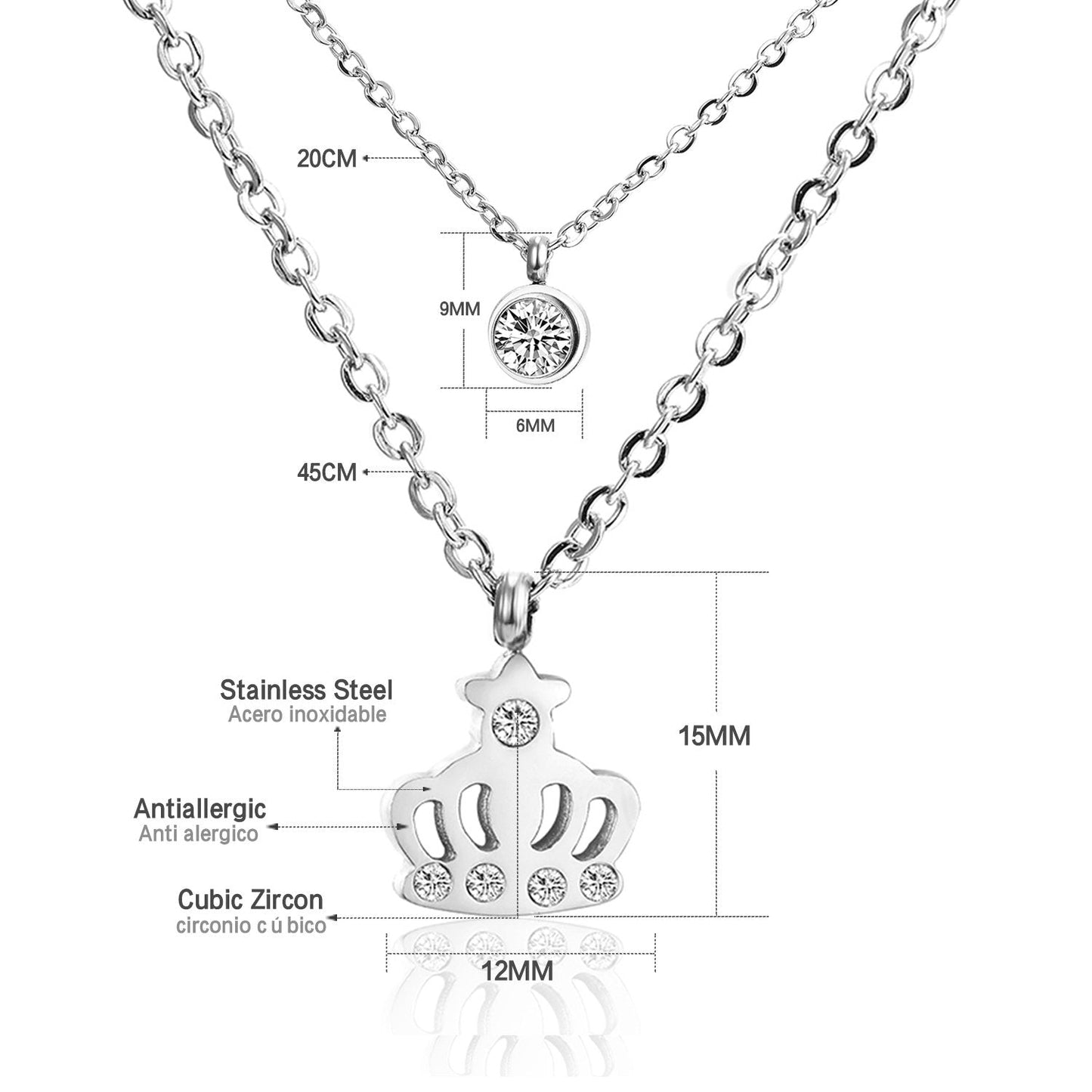 ASON Necklaces Stainless Steel Round Cubic Zirconia Pendant Necklaces Gold Color Double Chainlaces Party Gift Chokers
