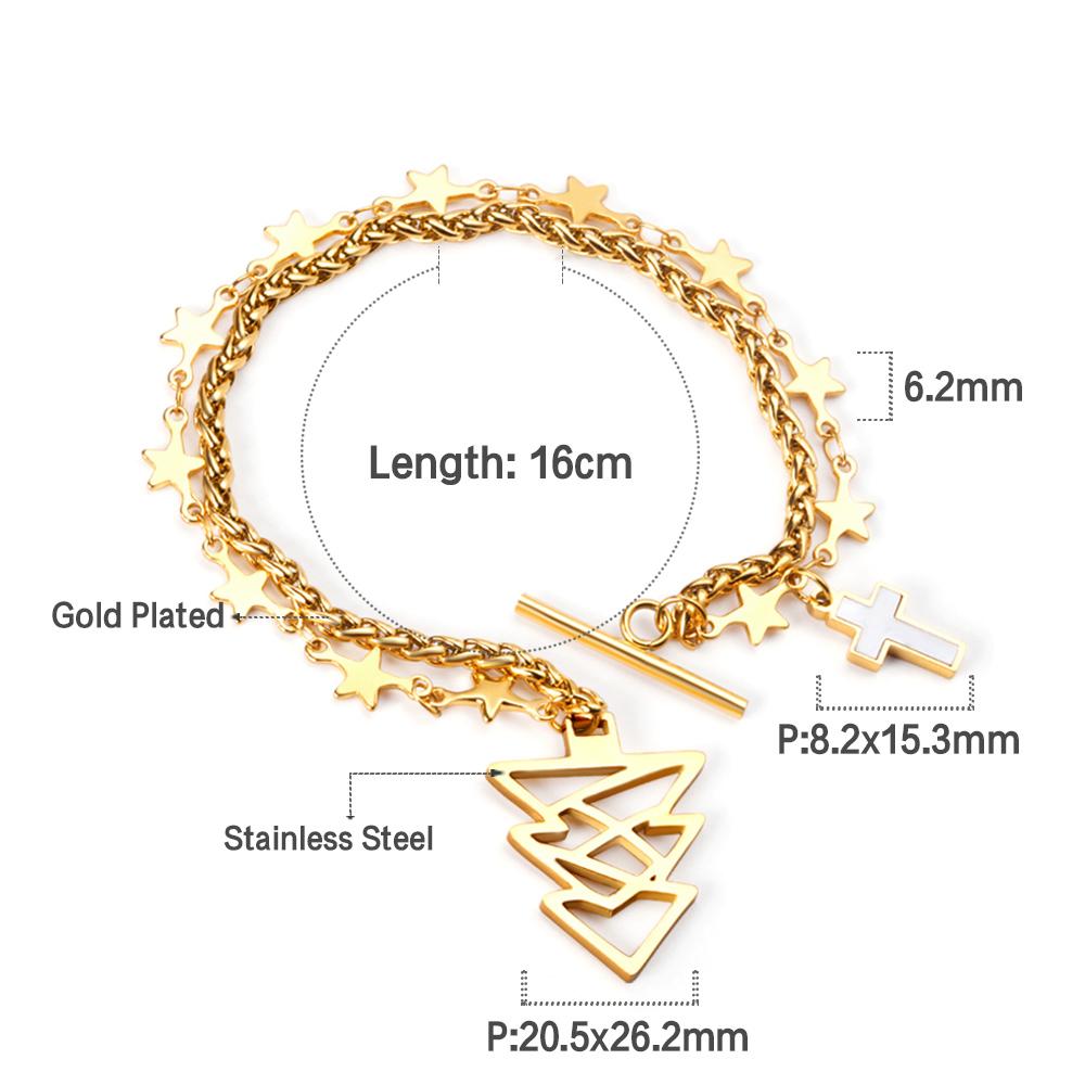 ASON Gold Color Star with Cross Charm Bracelets Stainless Steel Tree Pendant Link Bangles for Women Christmas Gift Jewelry