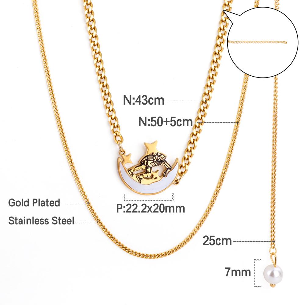 Moon With Cute Astronaut Design Elegant Chain With Imiatation Pearl Double Layer Jewelry On Neck Statement Collier