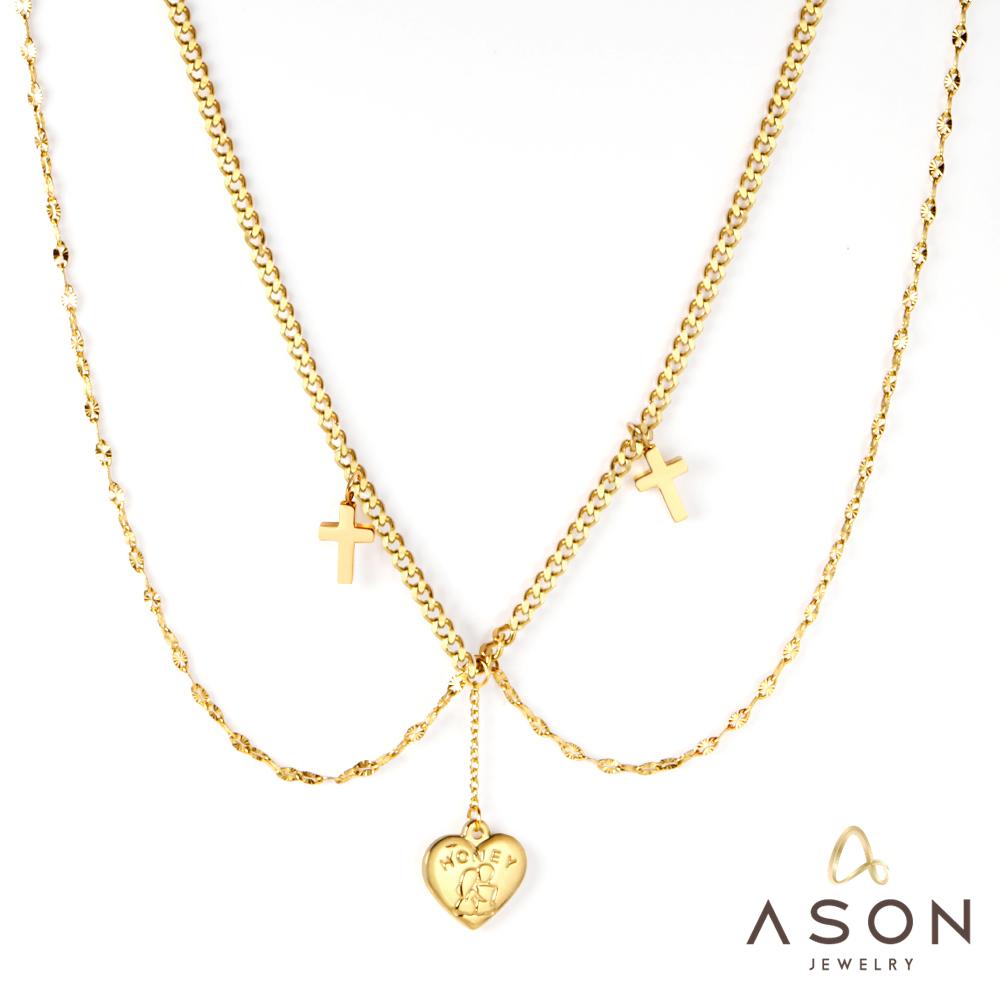 ASON Fashion Heart Cross Multi-layer Chain Pendant Necklace Gold Color Stainless Steel Choker for Women Jewelry Accessories